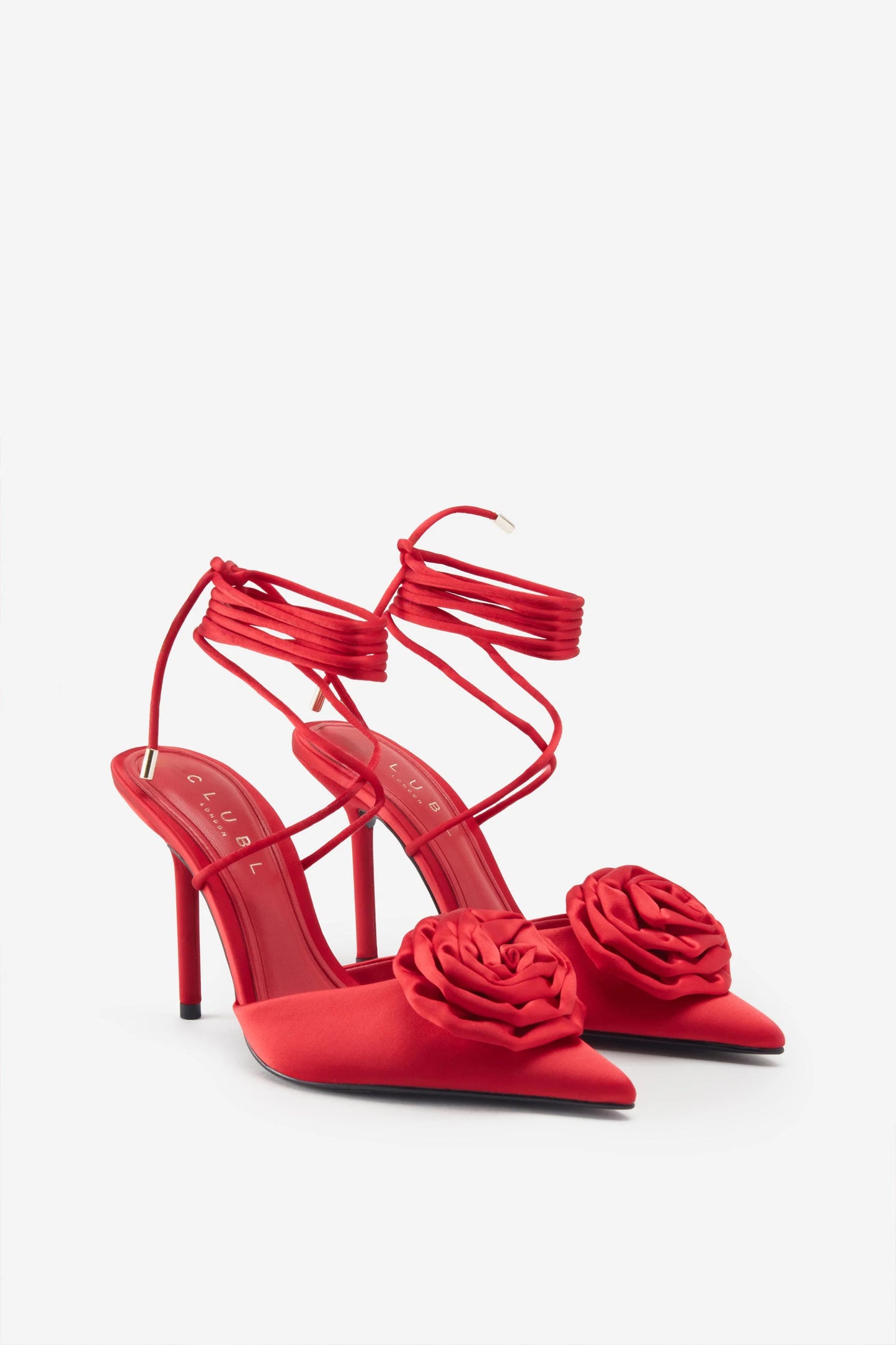 Clearly | Red Satin Lace-Up Stiletto Heels With Flowers