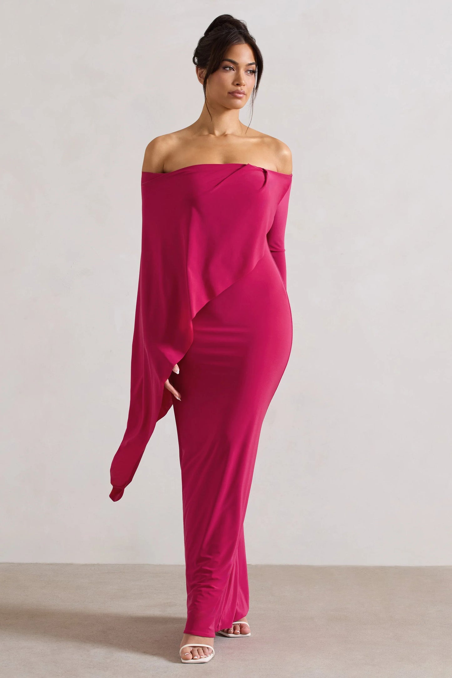 Jana | Dark Pink Bardot Cape Maxi Dress