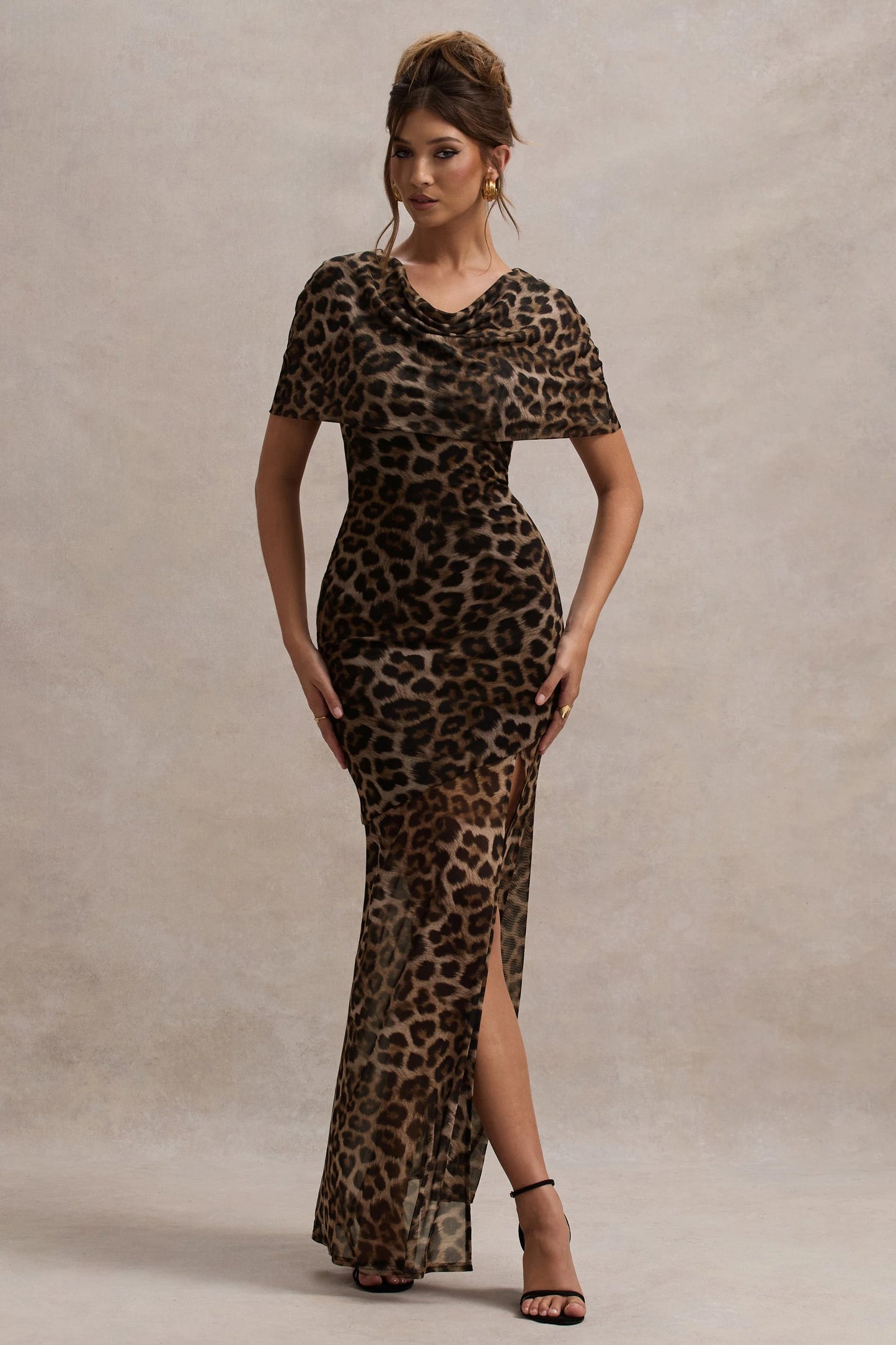 Gomez | Leopard Print Mesh Cowl-Neck Split Maxi Dress