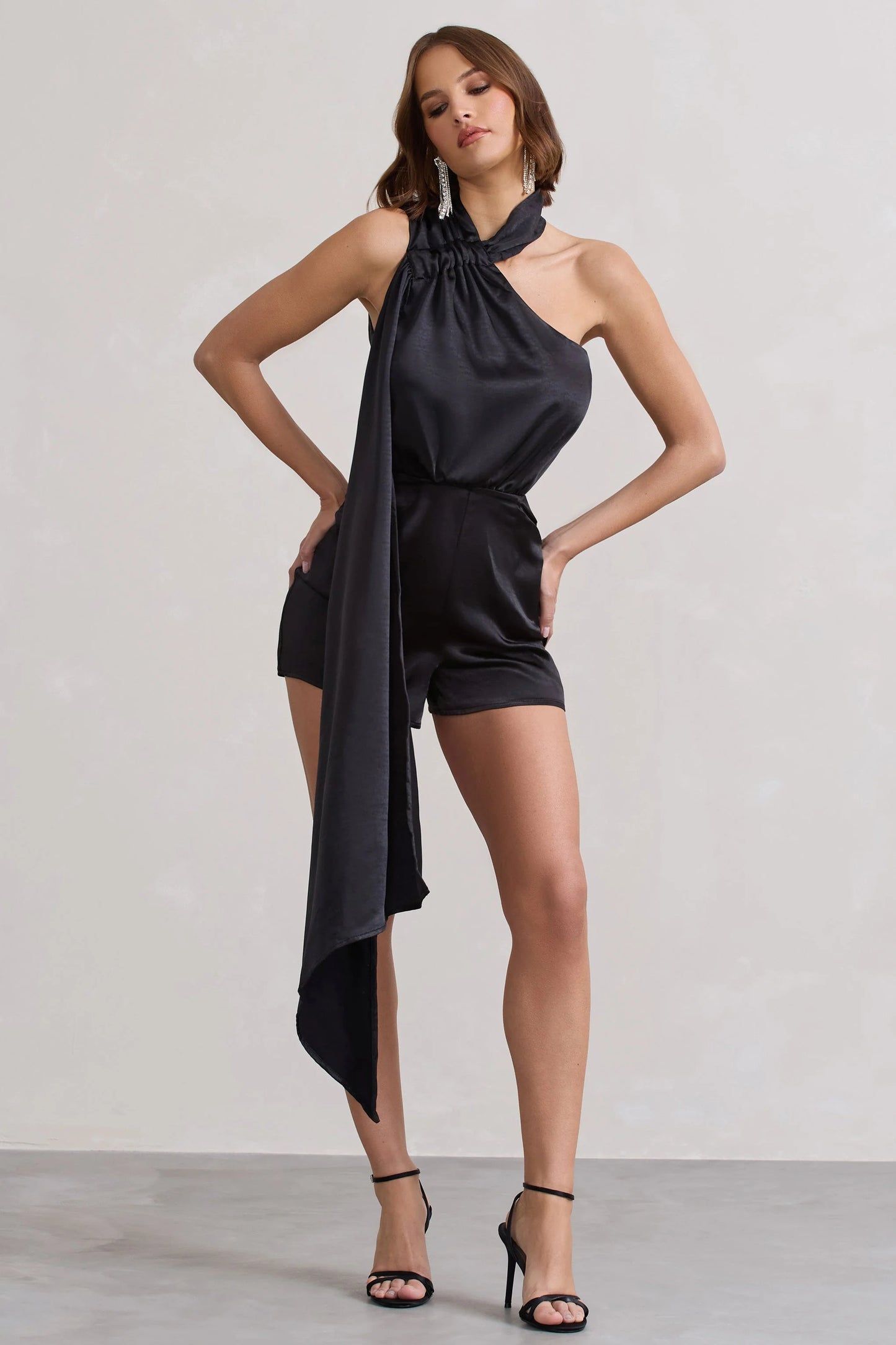 Ladies Day | Black Satin Scarf Detail Playsuit