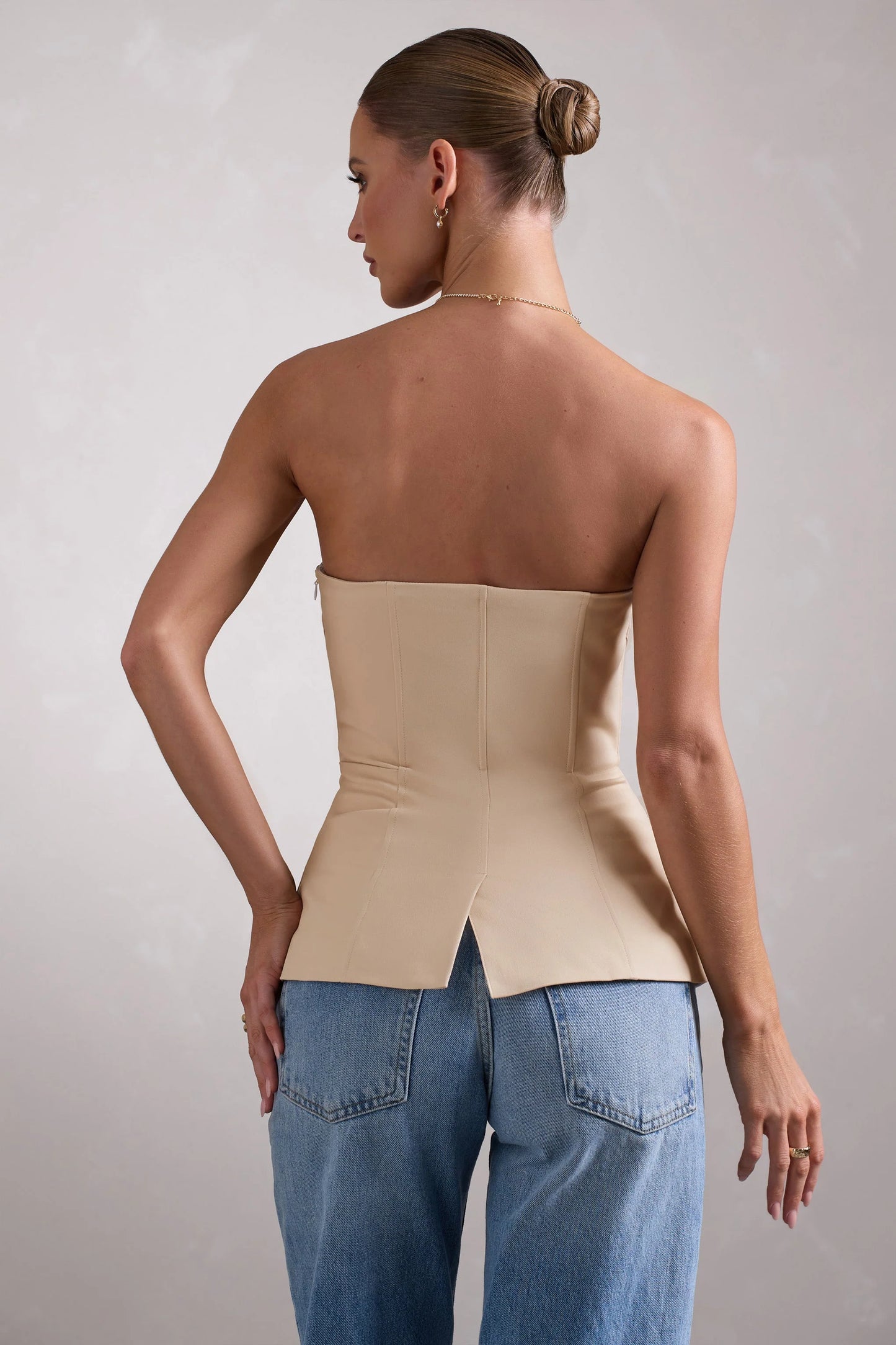 Illusive | Stone Satin-Blend Strapless Panelled Corset Top