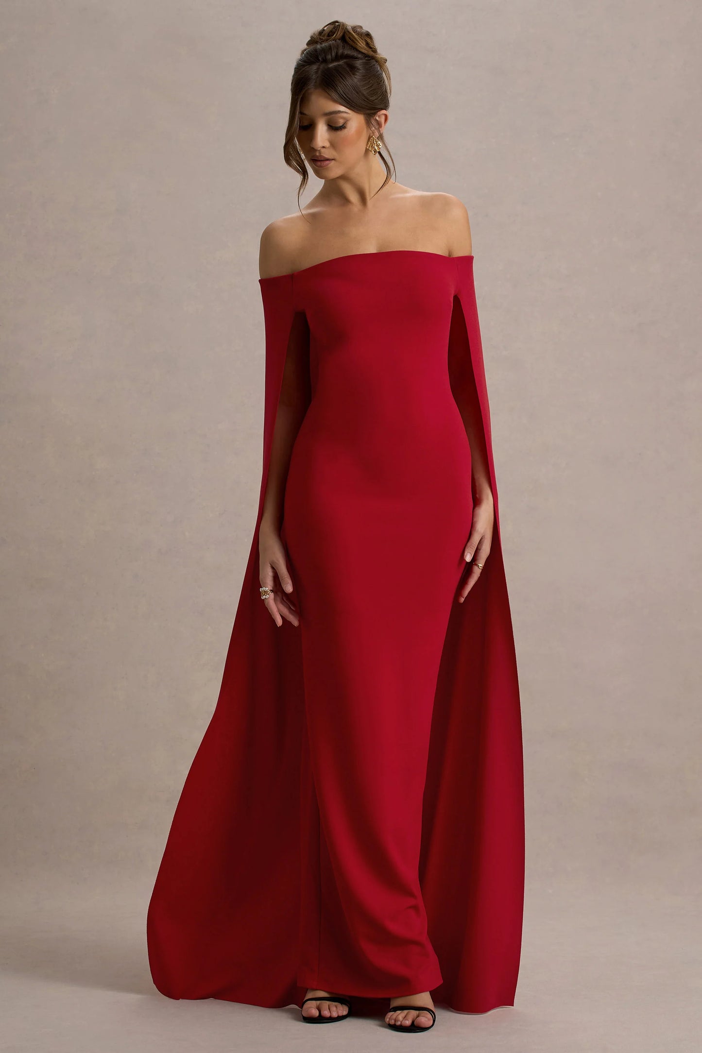 Genovia | Red Bardot Cape Maxi Dress