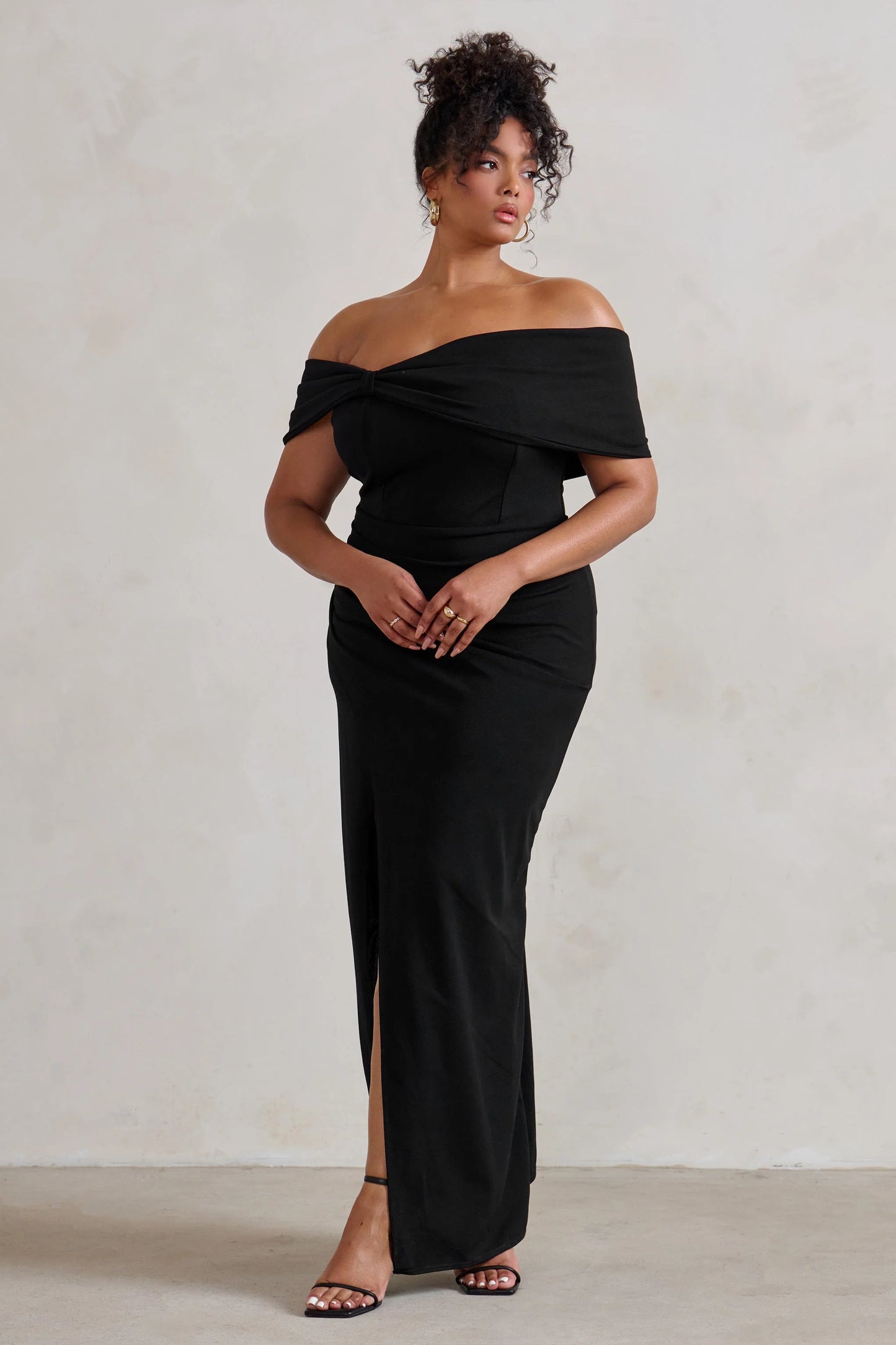 Eva | Black Bardot Bow Detail Maxi Dress With Thigh Split