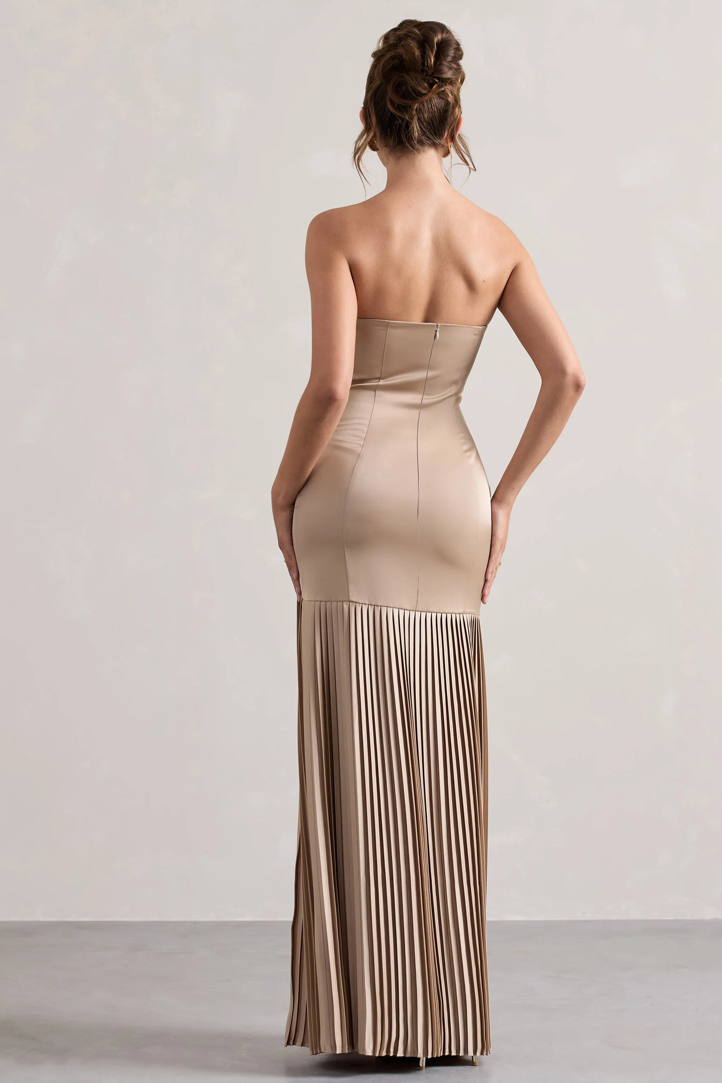 Confidence | Champagne Satin Bandeau Pleated Split Maxi Dress