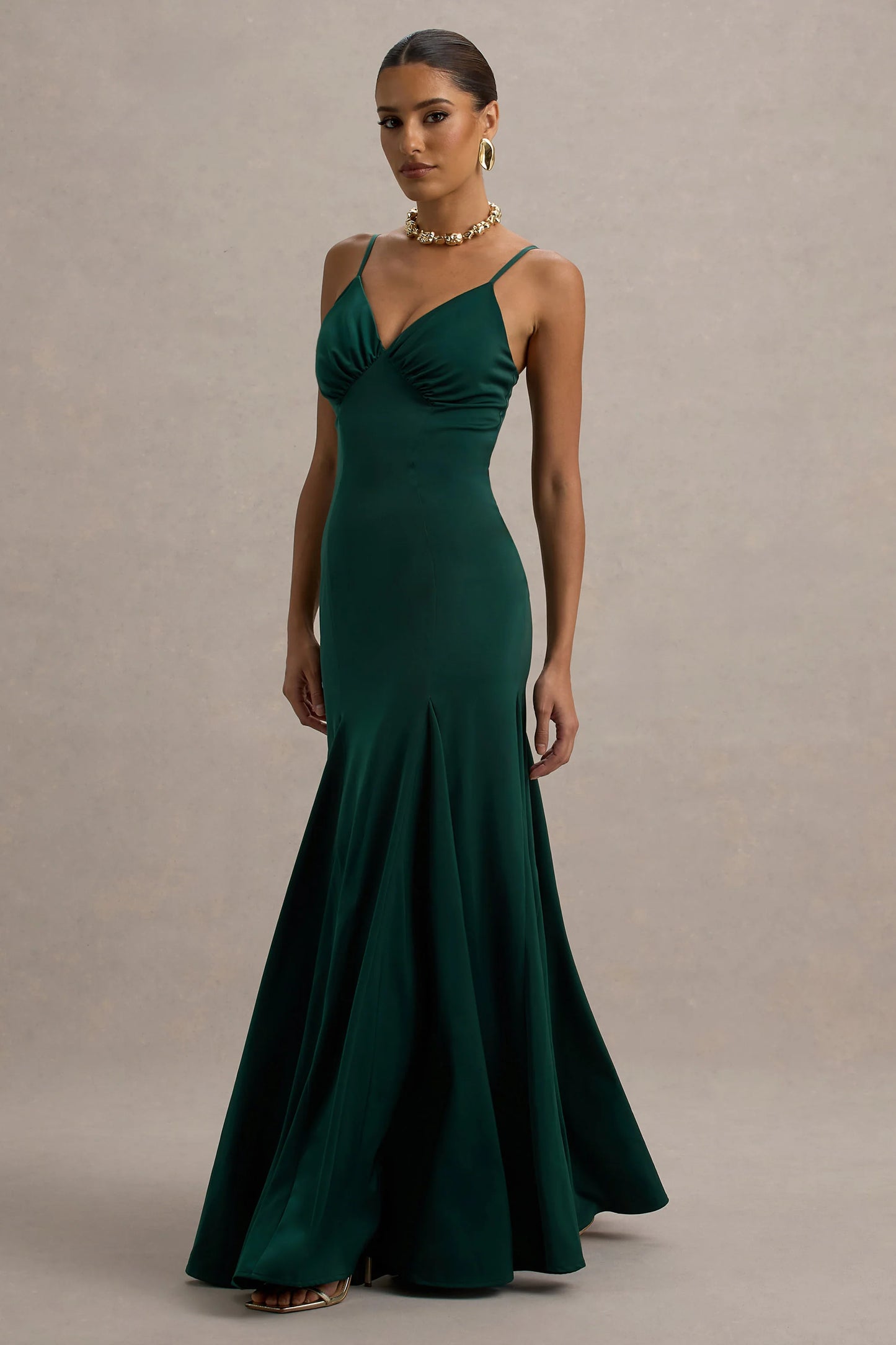 Ashly | Bottle Green Satin Maxi Dress With Volume Hem