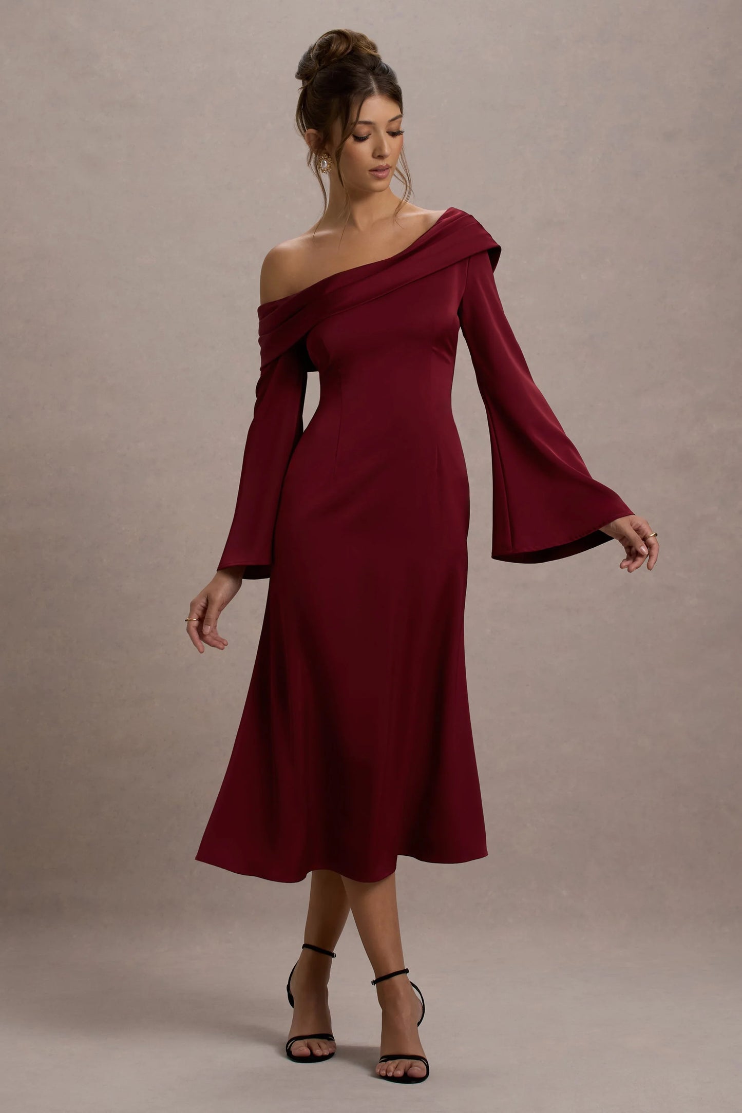 Astral | Port Satin Asymmetric Flared-Sleeve Midi Dress