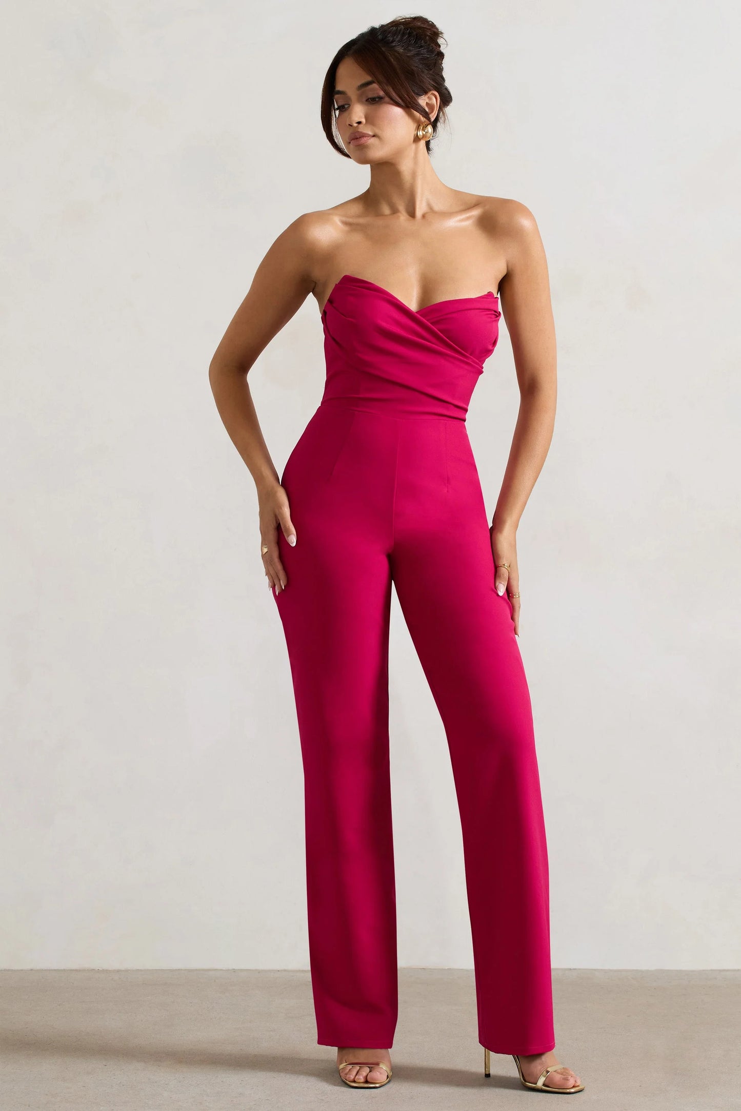 Bellezza | Hot Pink Bandeau Corset Wide Leg Jumpsuit