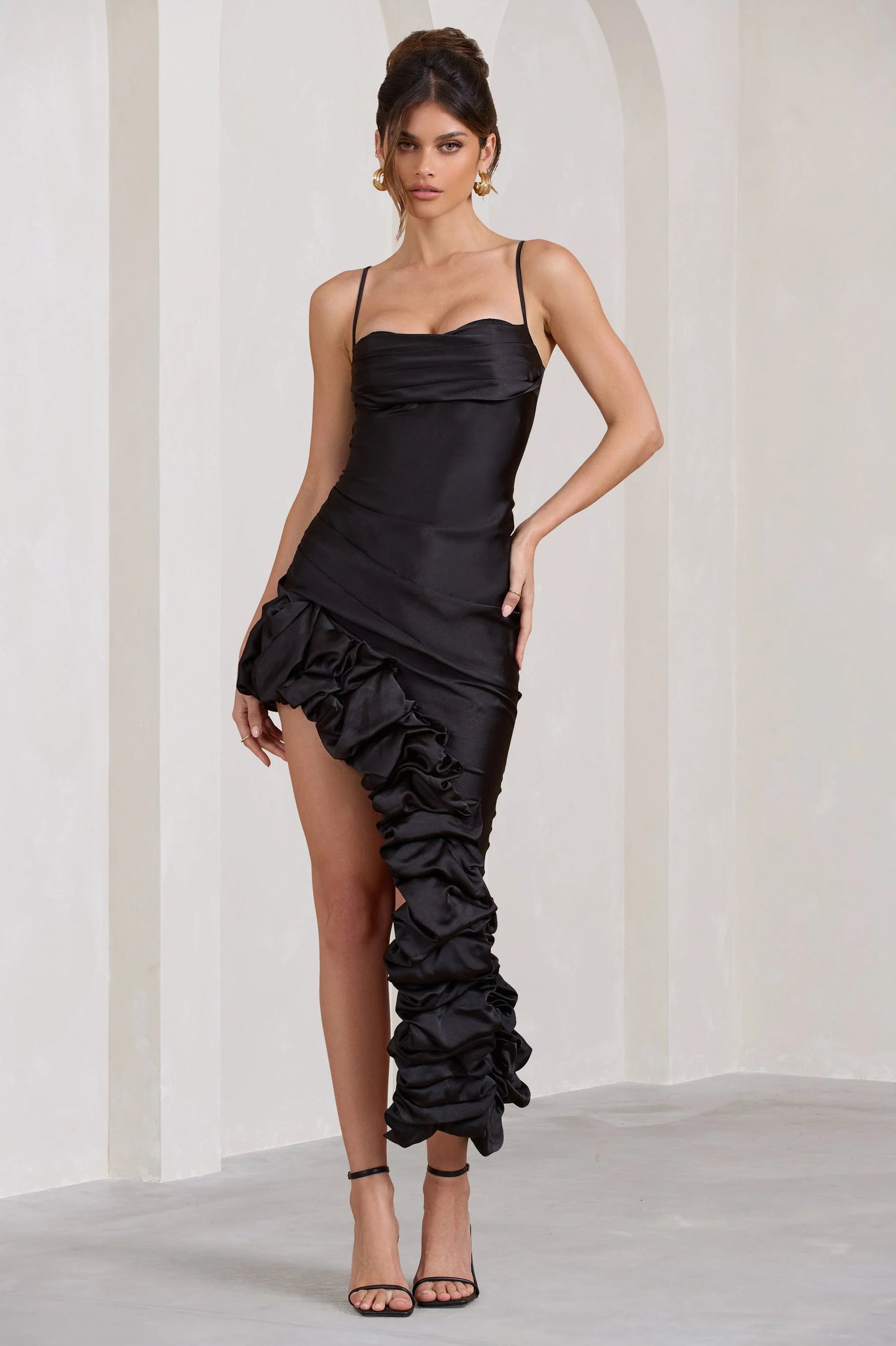 Florence | Black Satin Asymmetric Ruffle Cowl Midi Dress