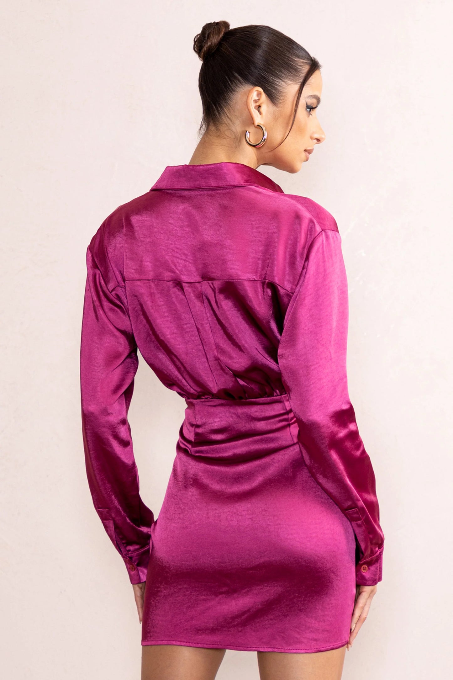 Francine | Orchid Satin Ruched Long Sleeve Shirt Mini Dress