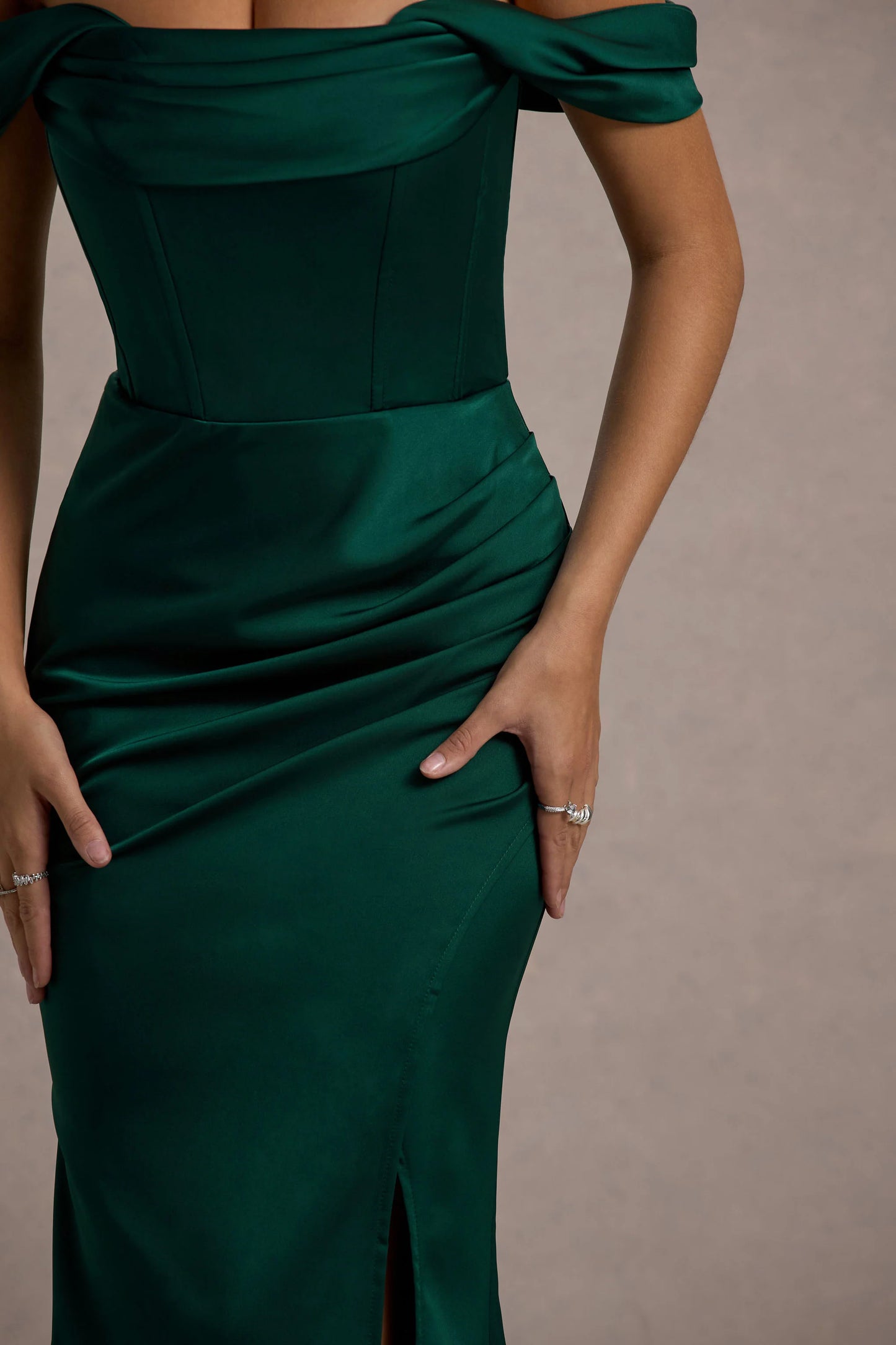 Kimberly | Bottle Green Bardot  Satin Maxi Dress