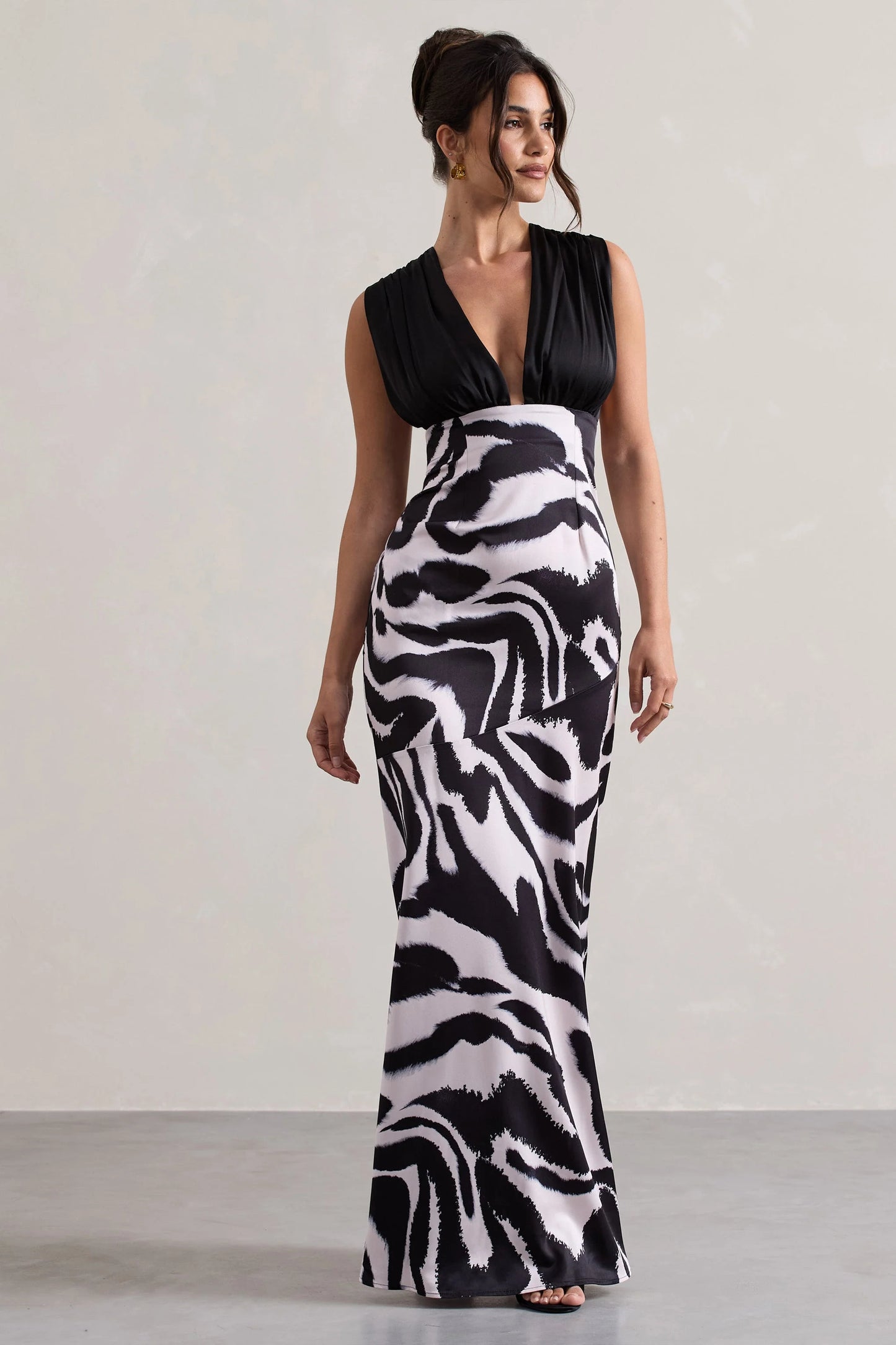 Azzara | Zebra Print Satin Ruched V-Neck Maxi Dress