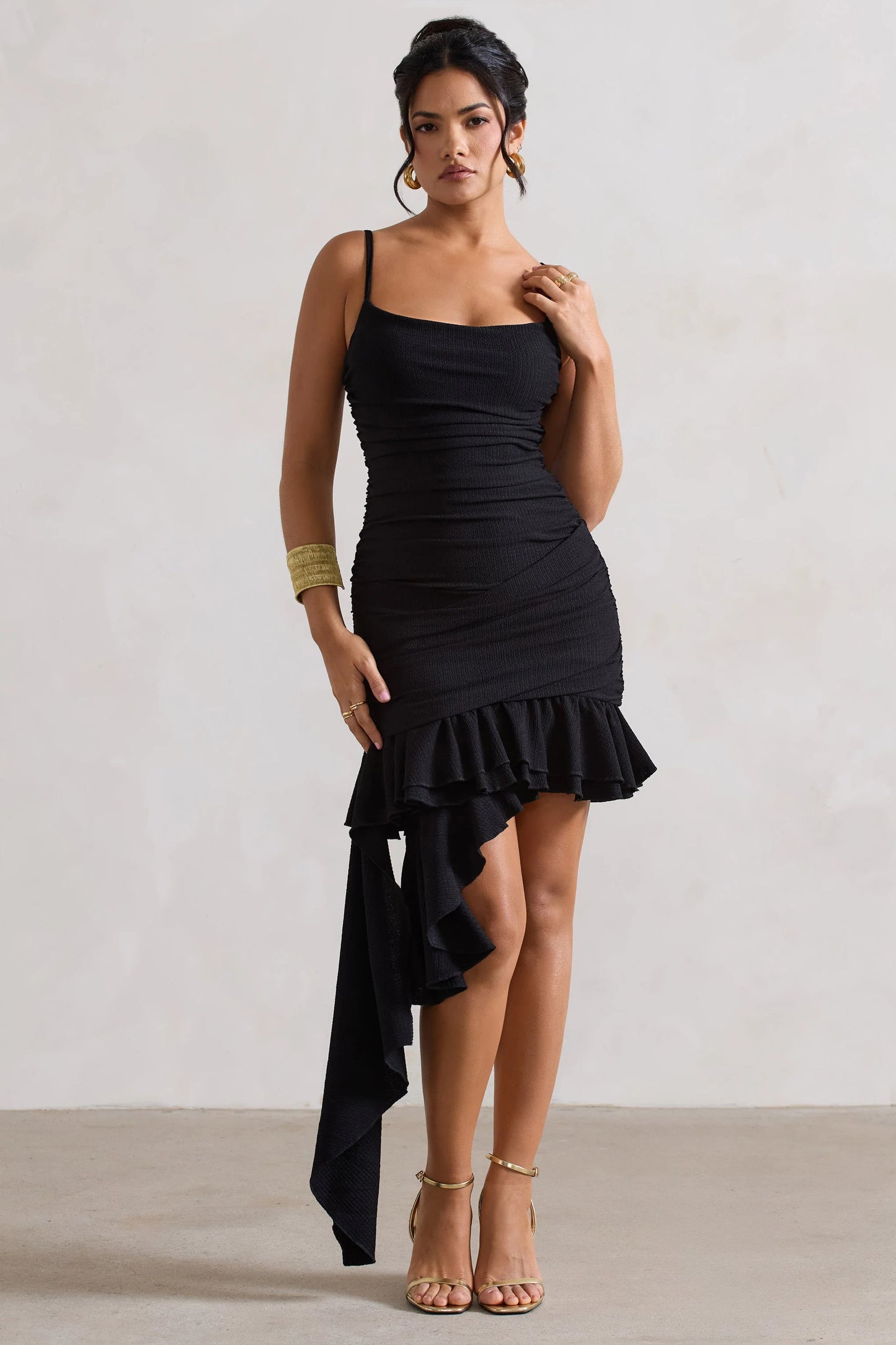 Fleetwood | Black Ruched Mini Dress With Asymmetric Ruffle Hem