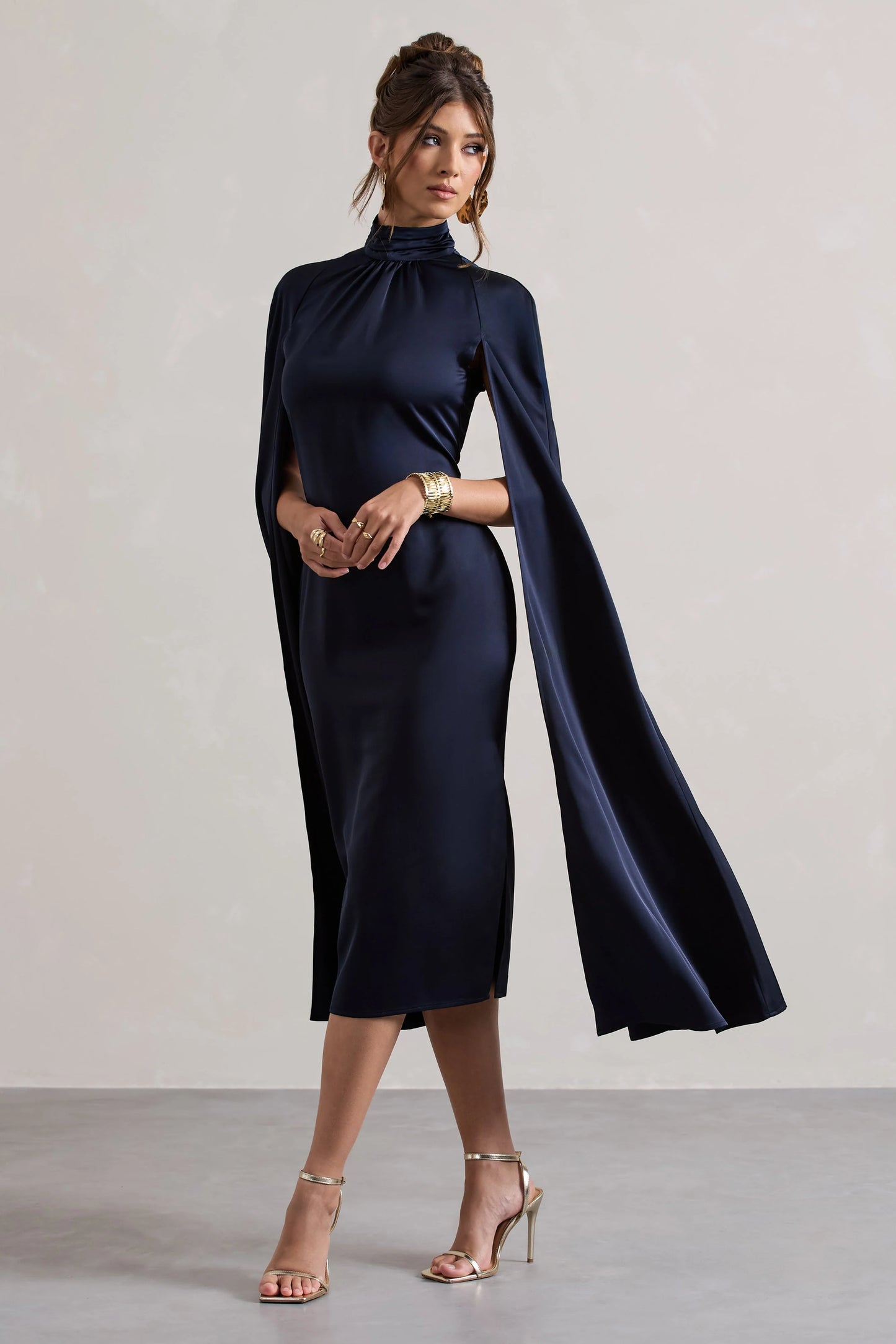 Brogan | Navy Satin High-Neck Midi Dress With Cape Sleeves