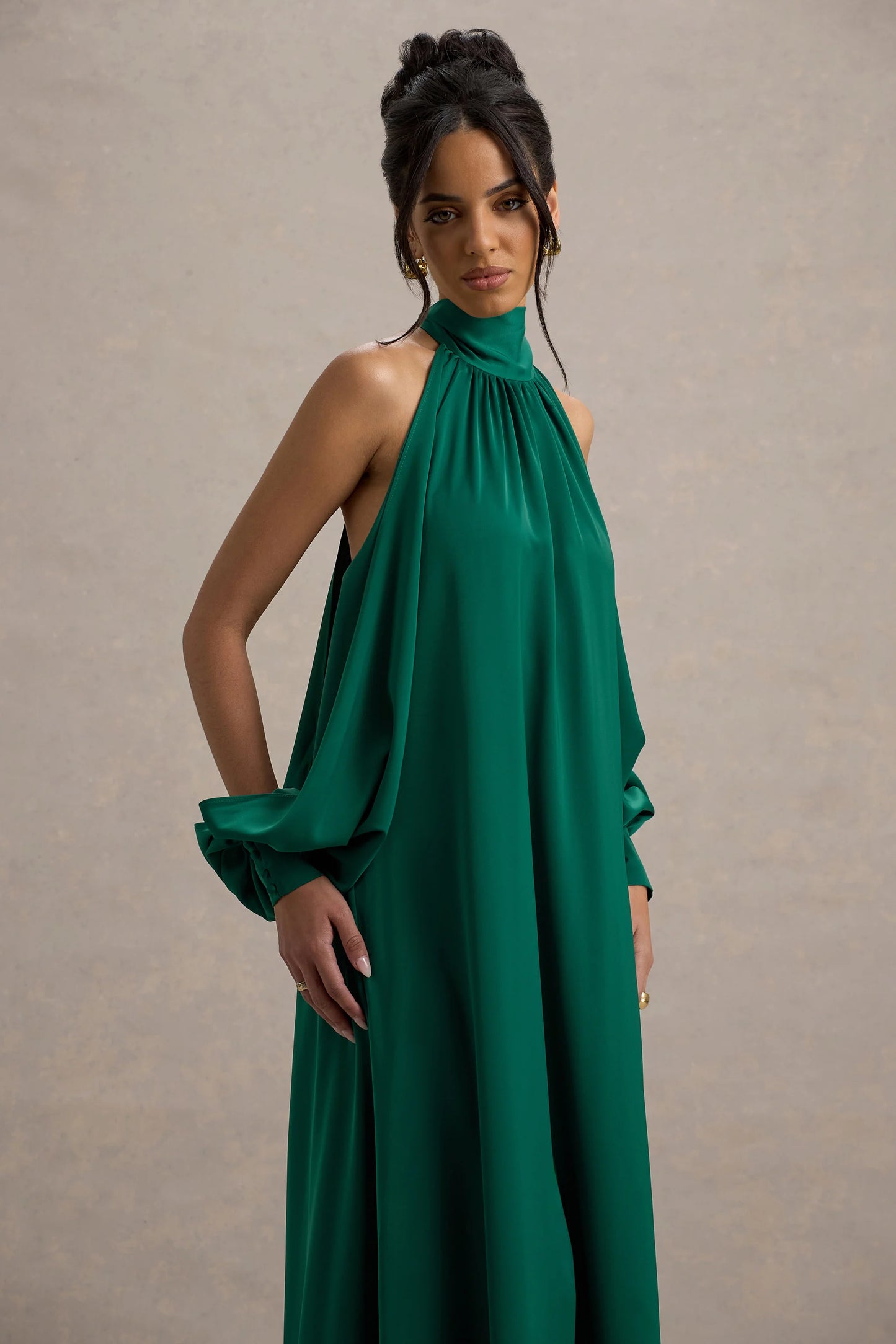 Baila | Bottle Green Satin High-Neck Cape-Sleeve Maxi Dress