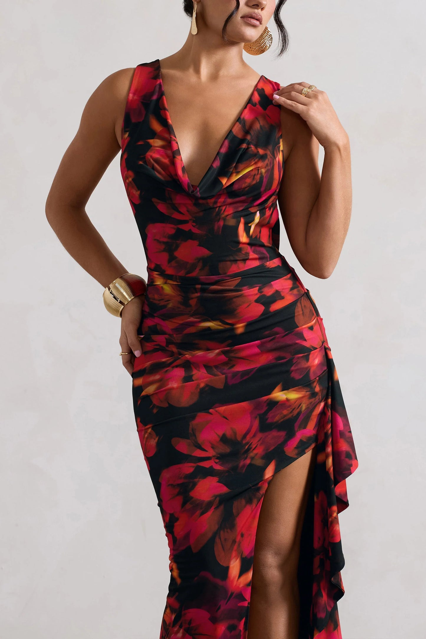 Kaida | Red Floral Print Cowl-Neck Ruffled Split Maxi Dress