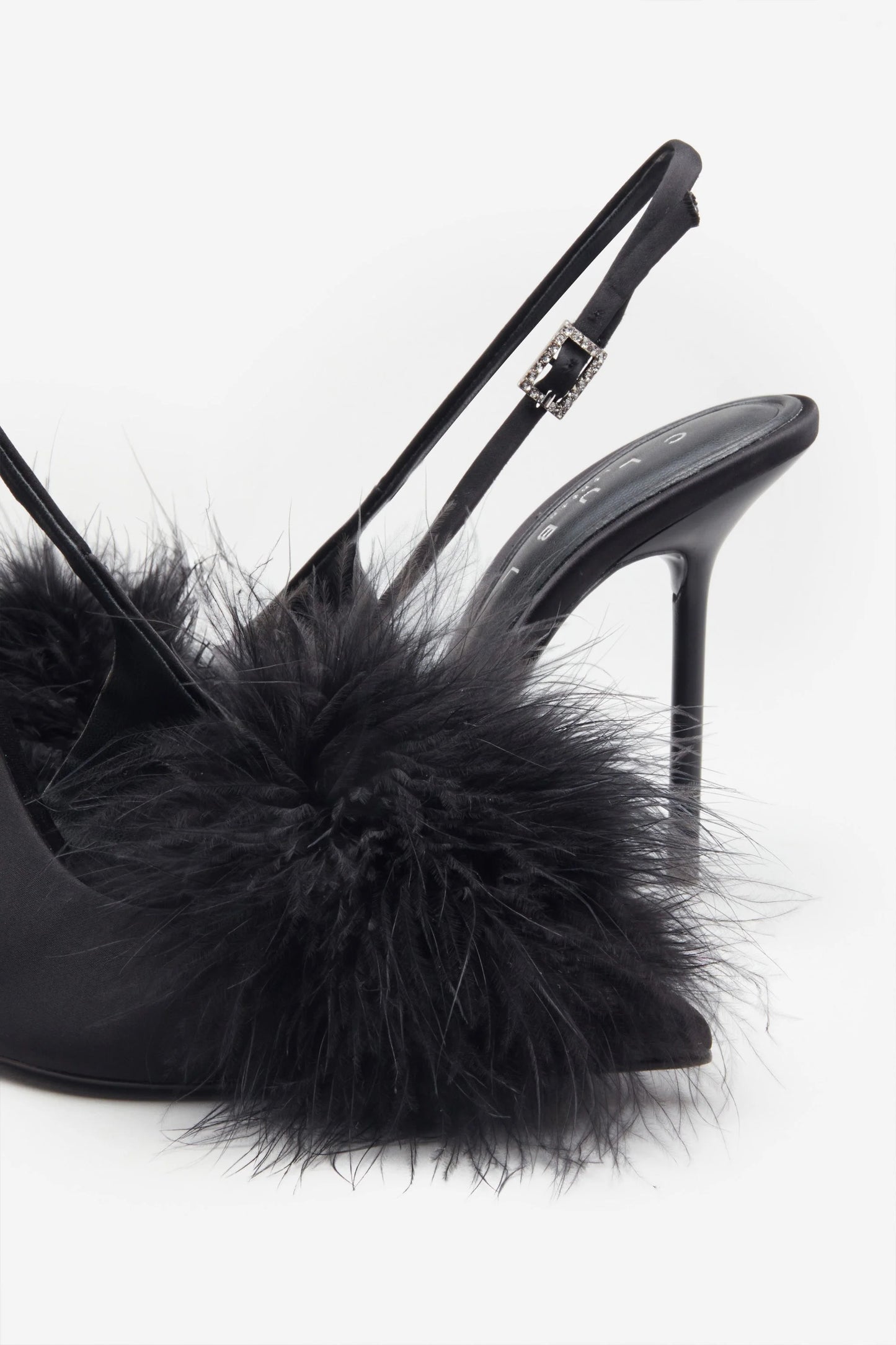 High Pitched | Black Satin Sling Back Heels With Pom Poms