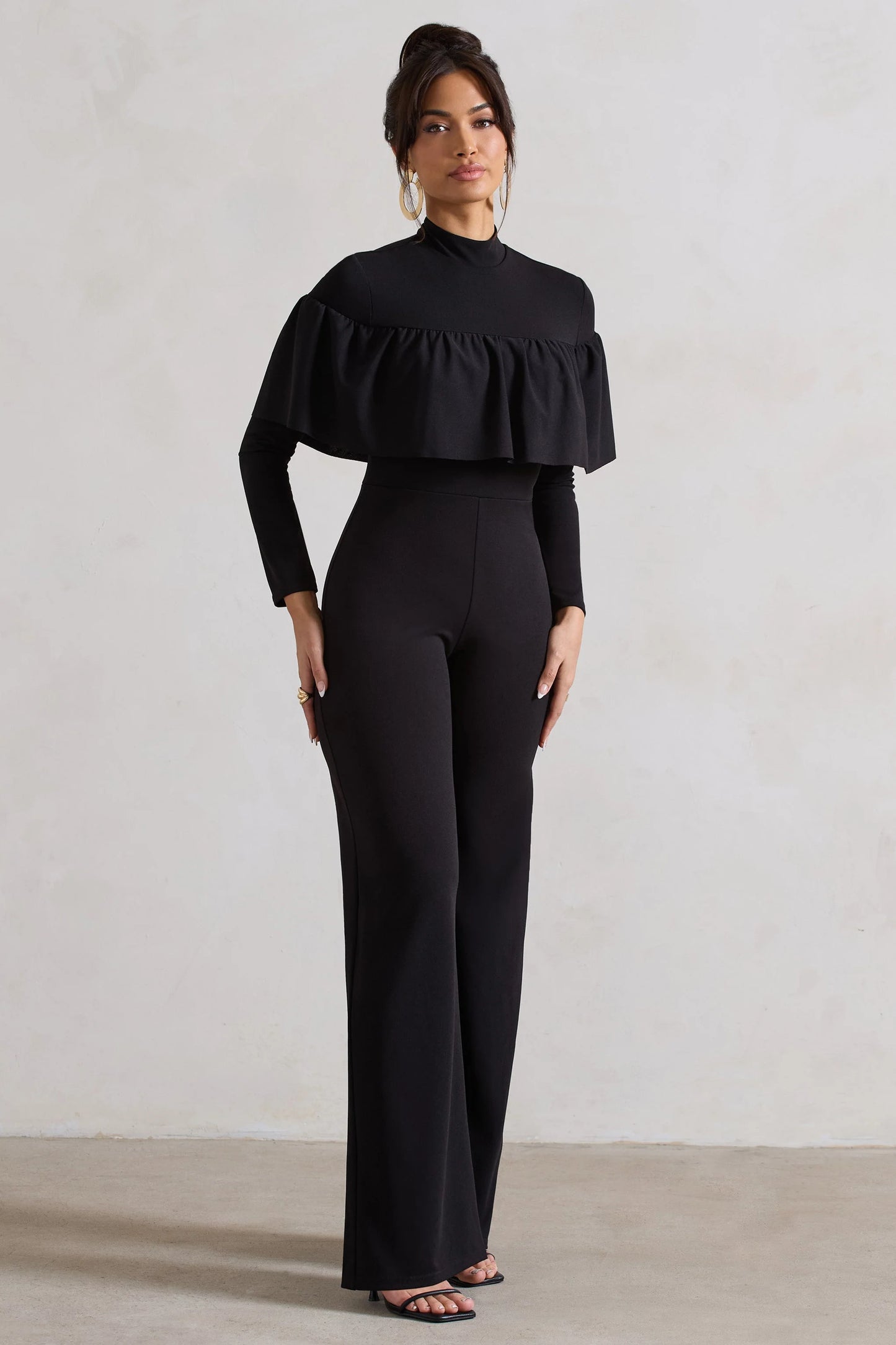 For The Frill | Black High-Neck Straight-Leg Jumpsuit With Frills