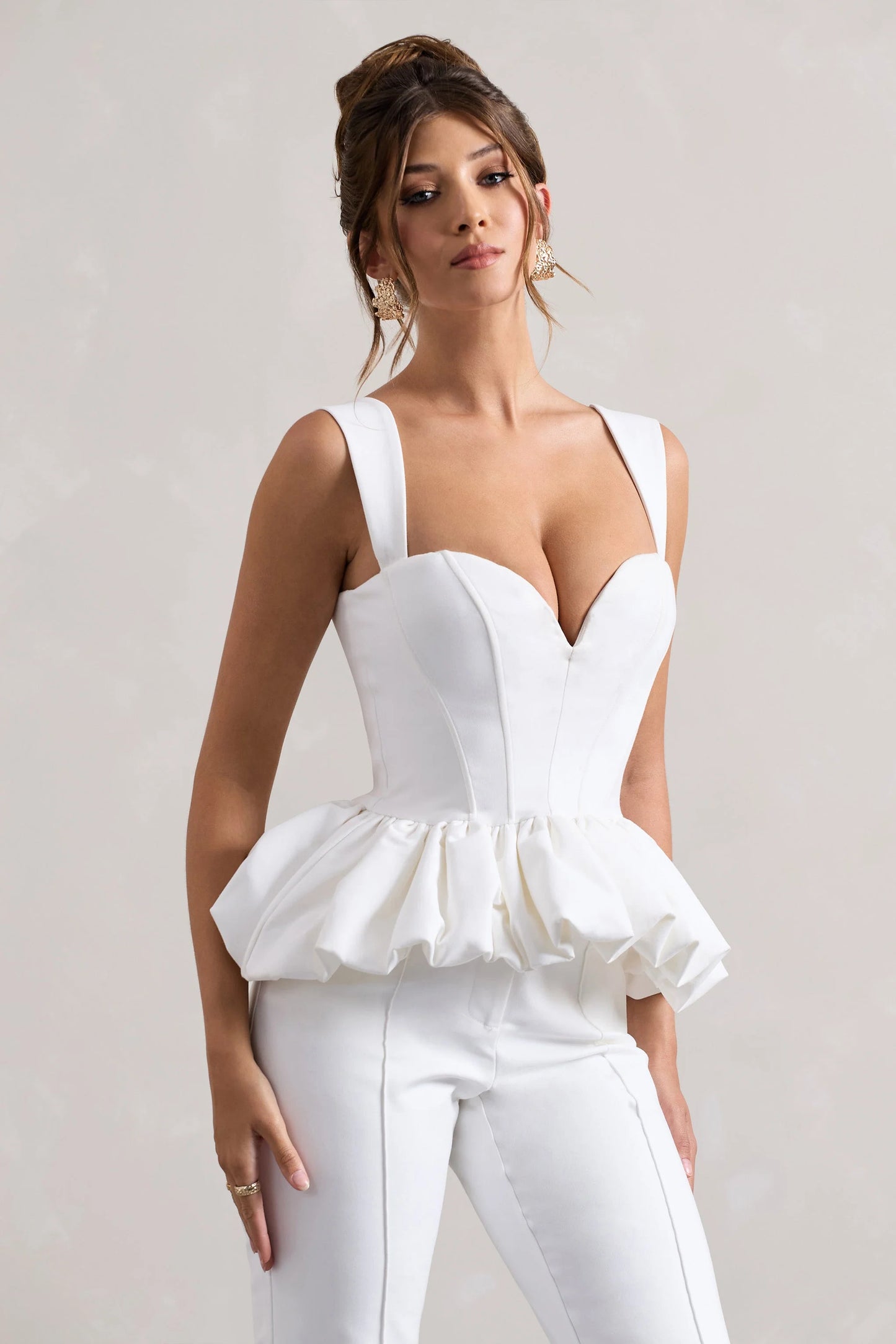 Jadia | White Sweetheart Corset Top With Puff Hem