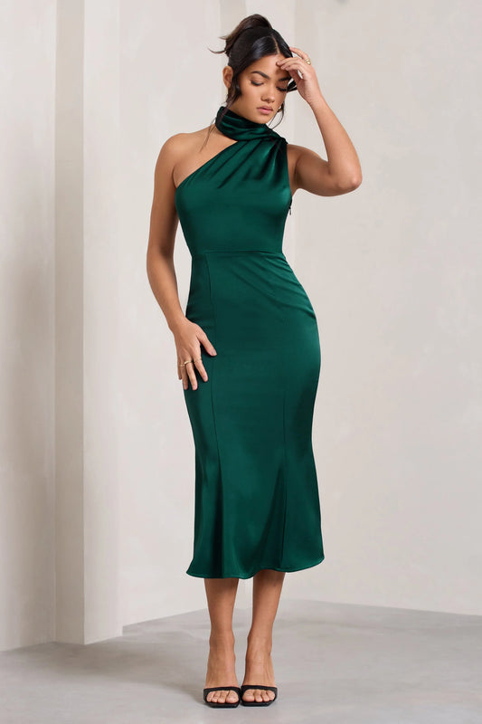 Golden Girl | Bottle Green Satin One Shoulder High-Neck Flared Midi Dress