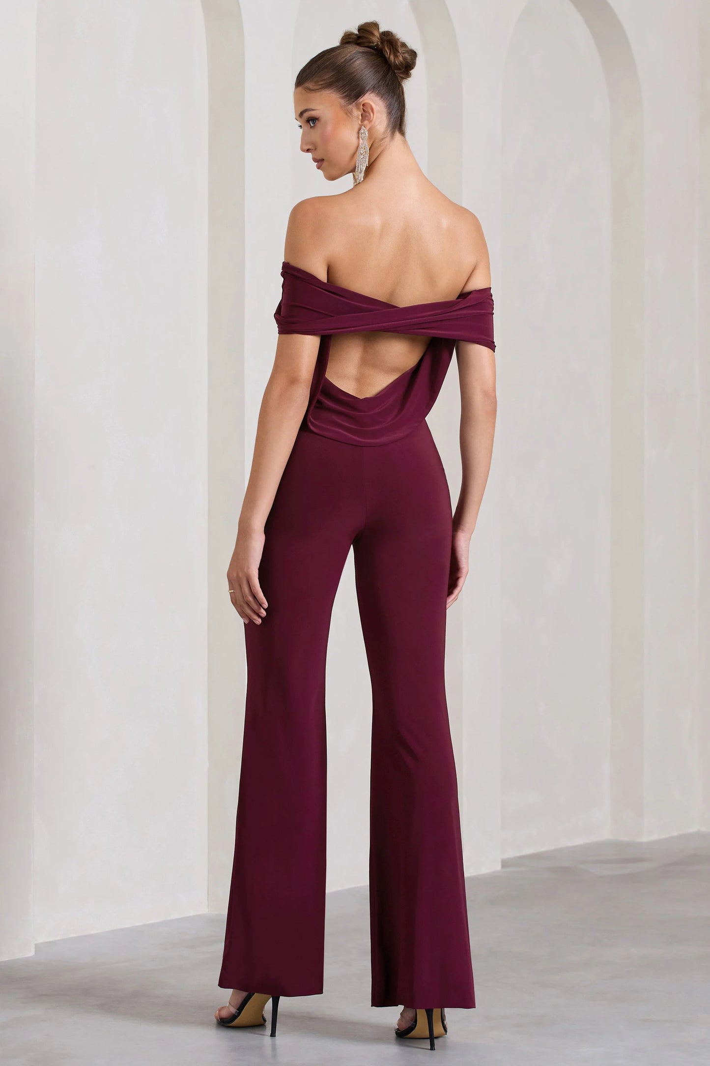 Gemma | Burgundy Bardot Open-Back Flared-Leg Jumpsuit