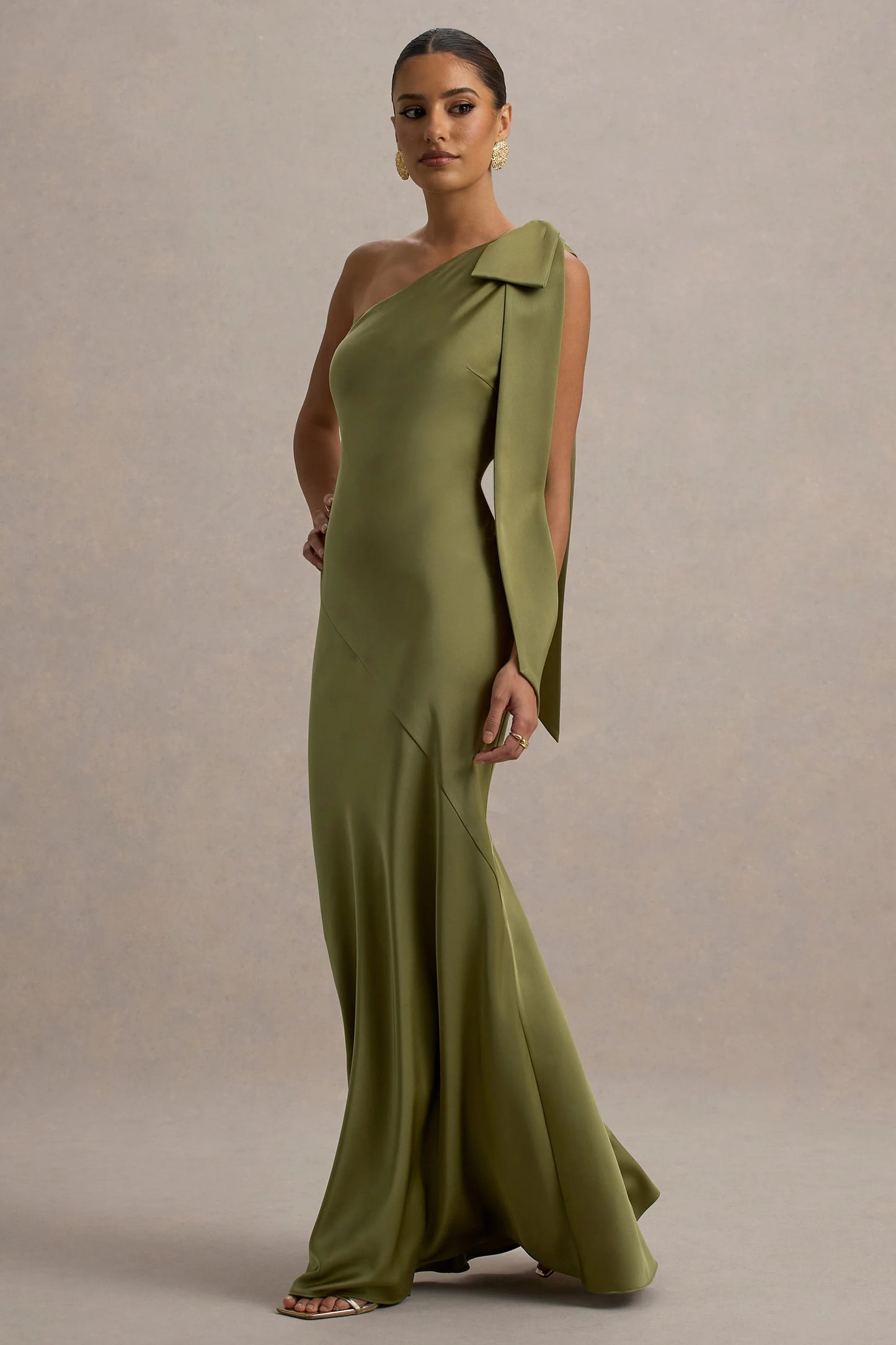 Here For Love | Khaki Satin Asymmetric Maxi Dress With Bow