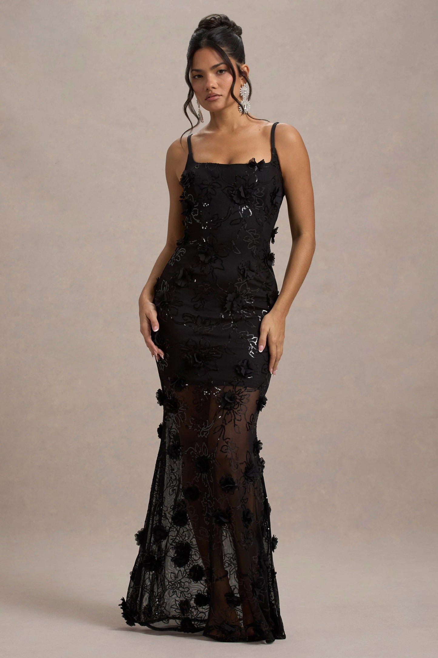 All Of Me | Black Sequin Sheer Maxi Dress With Flowers