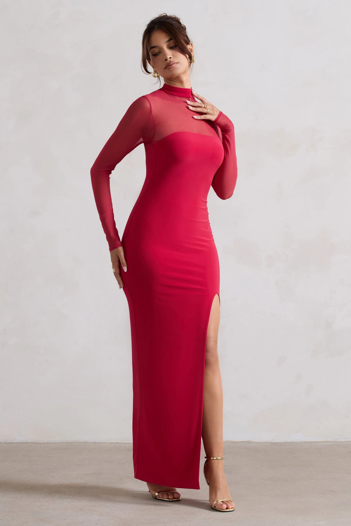 Enchantress | Red High-Neck Split Maxi Dress With Mesh Sleeves