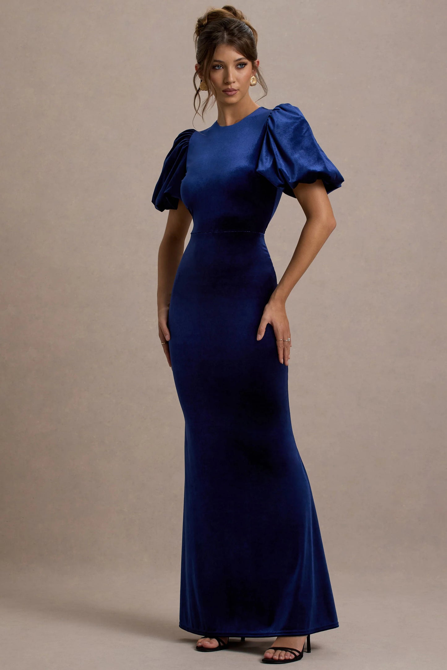 Ashlin | Navy Velvet Puff-Sleeve Maxi Dress