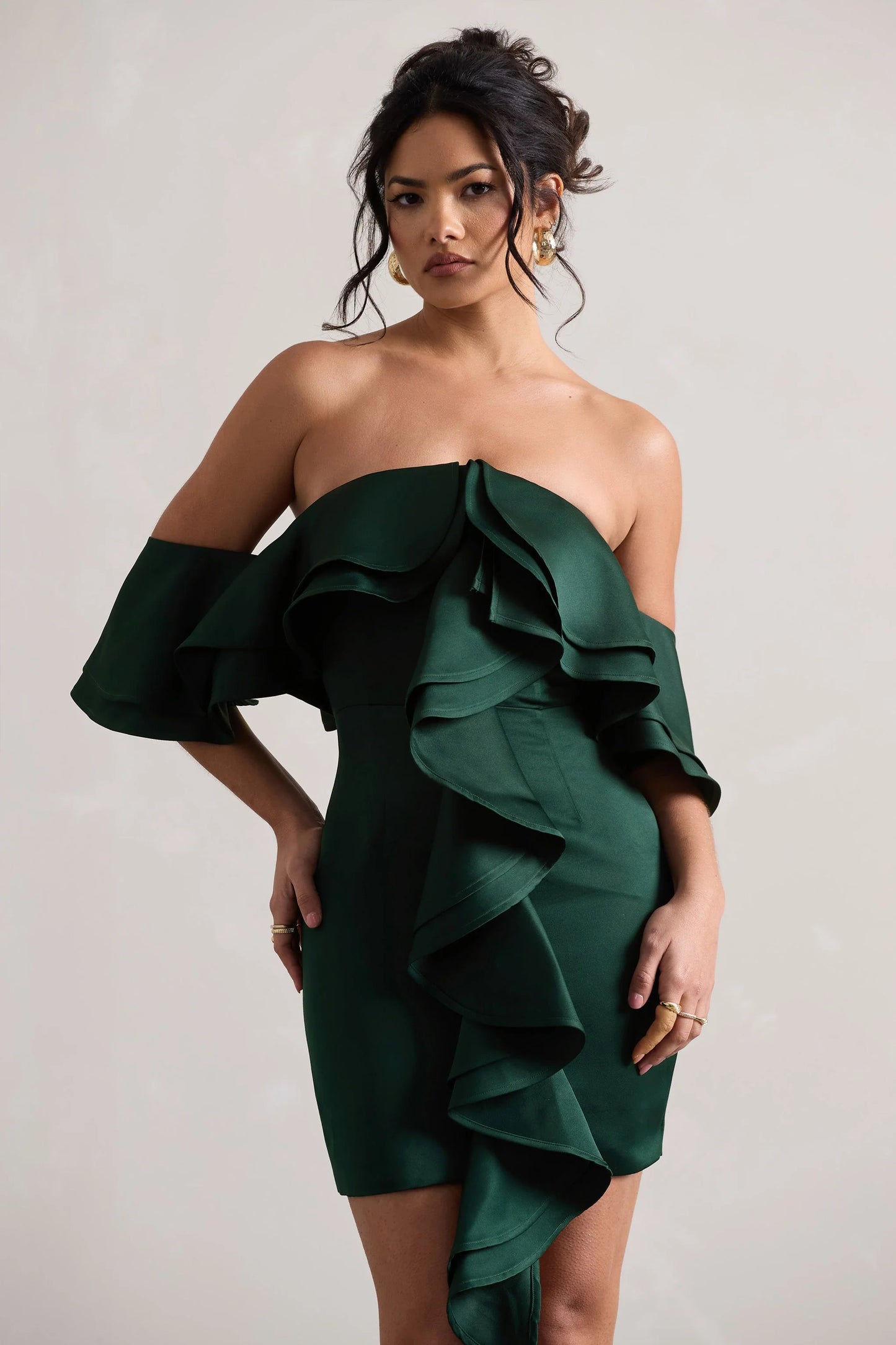 Aspen | Bottle Green Bardot Mini Dress With Ruffles