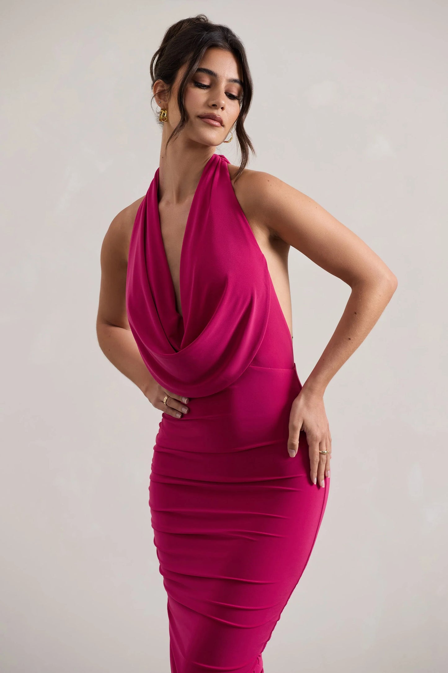 Hayley | Hot Pink Cowl-Neck Asymmetric Maxi Dress