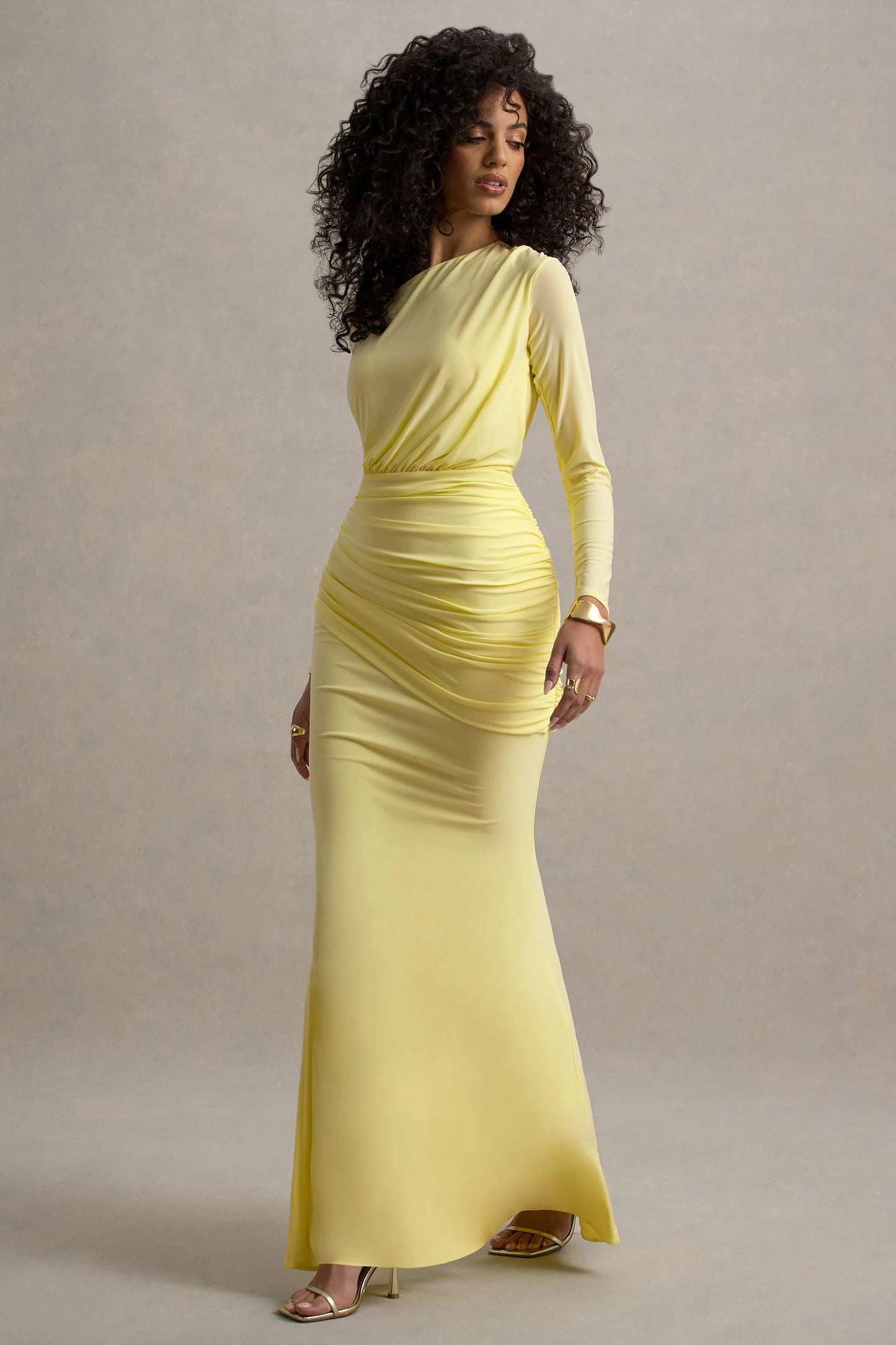 Deanna | Lemon Asymmetric Long-Sleeve Ruched Maxi Dress