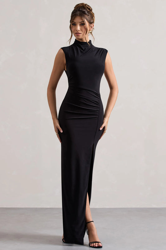 Lanetta | Black Ruched High-Neck Maxi Dress With Split