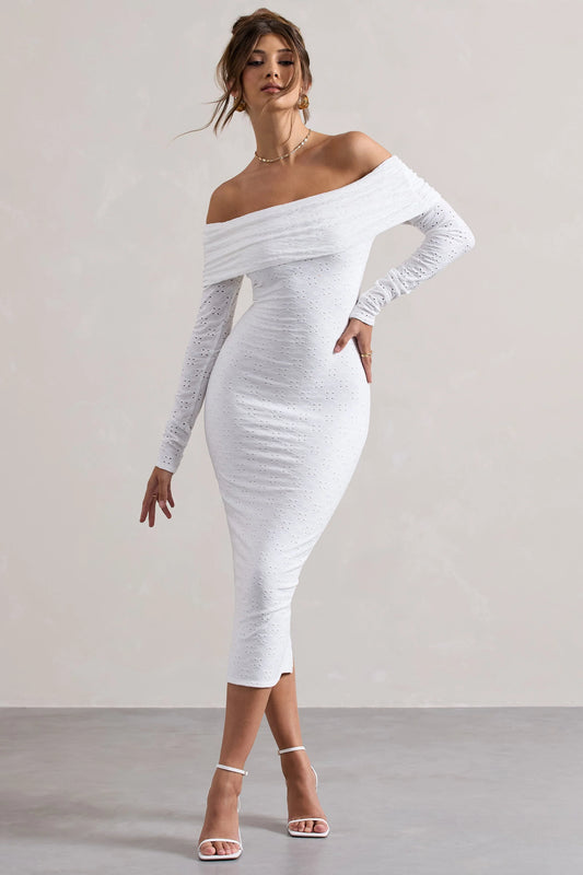 Emmeline | White Jacquard Bardot Midi Dress