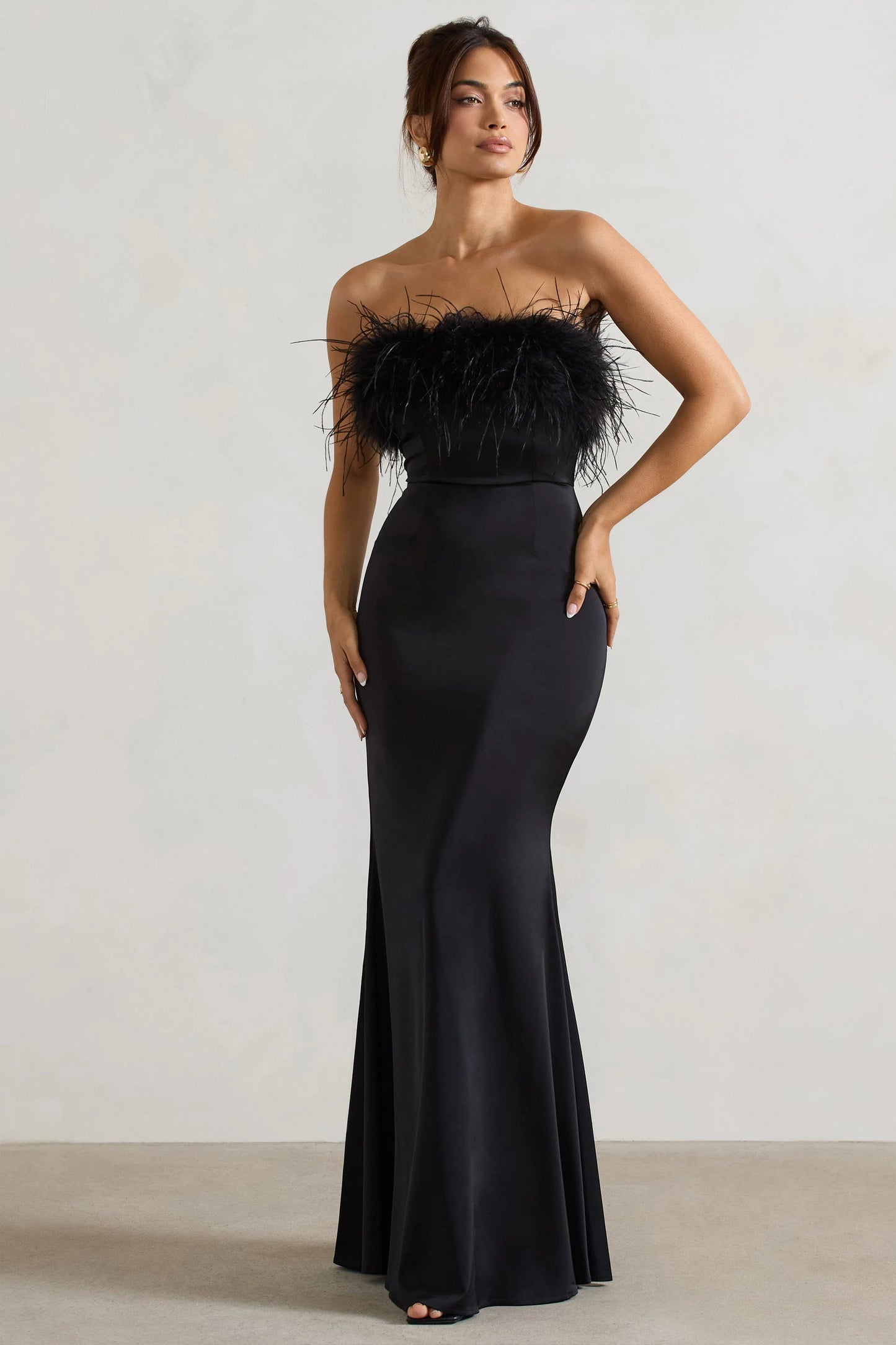 Dress For It | Black Satin Feather Trim Bandeau Maxi Dress