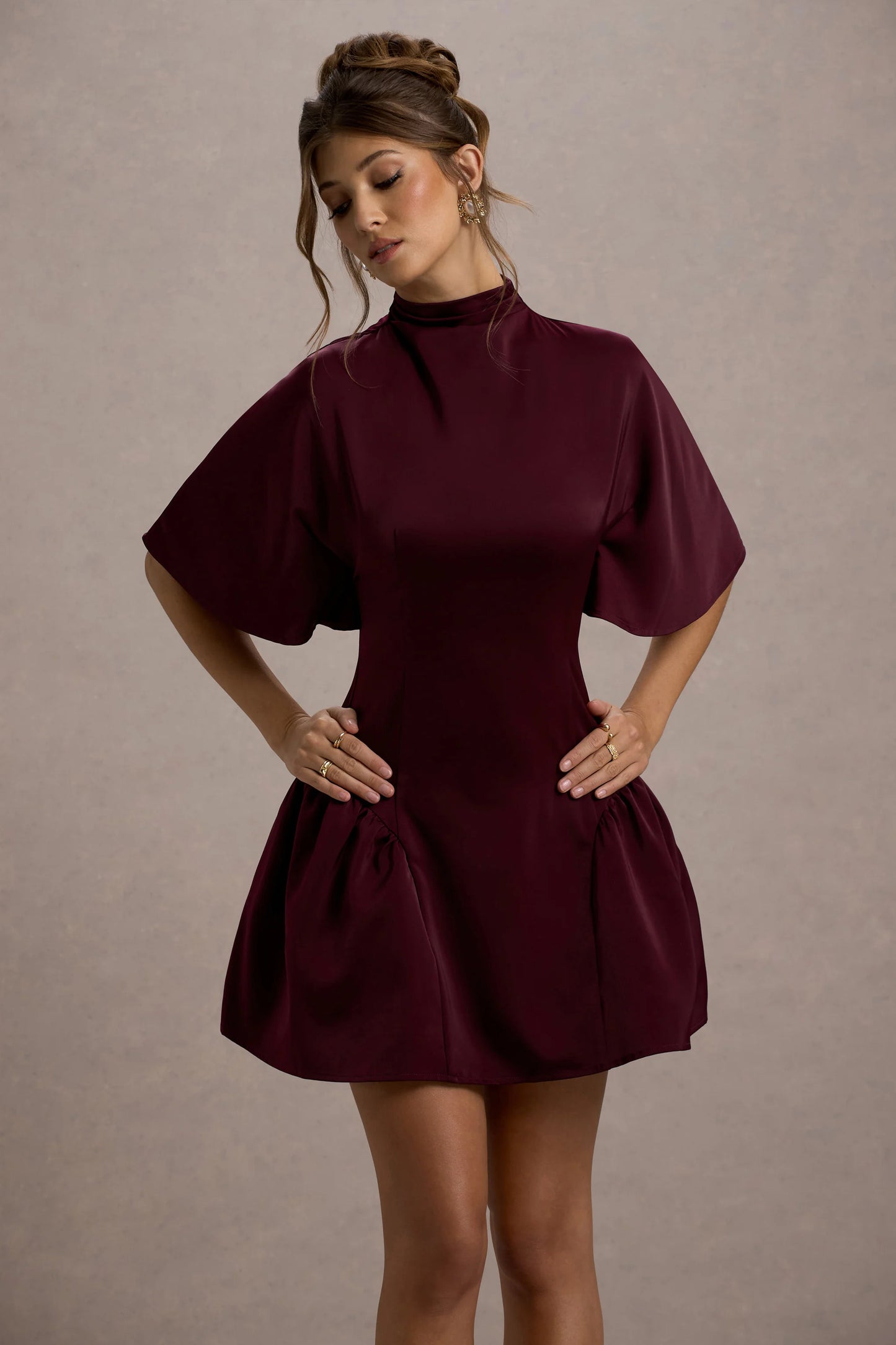 Alva | Burgundy High-Neck Short-Sleeve Mini Dress With Volume Skirt