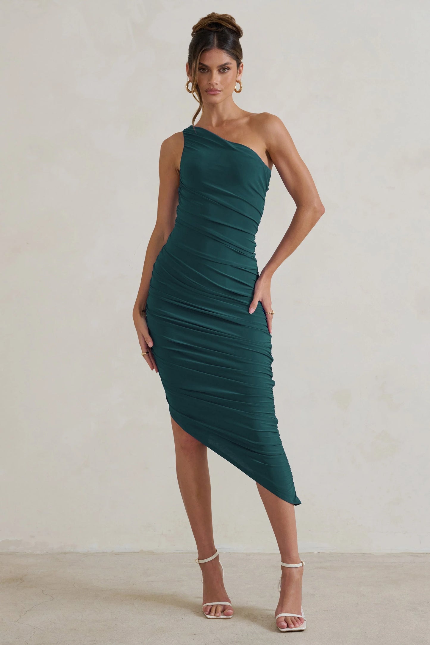 Dorit | Bottle Green One Shoulder Asymmetric Ruched Midi Dress