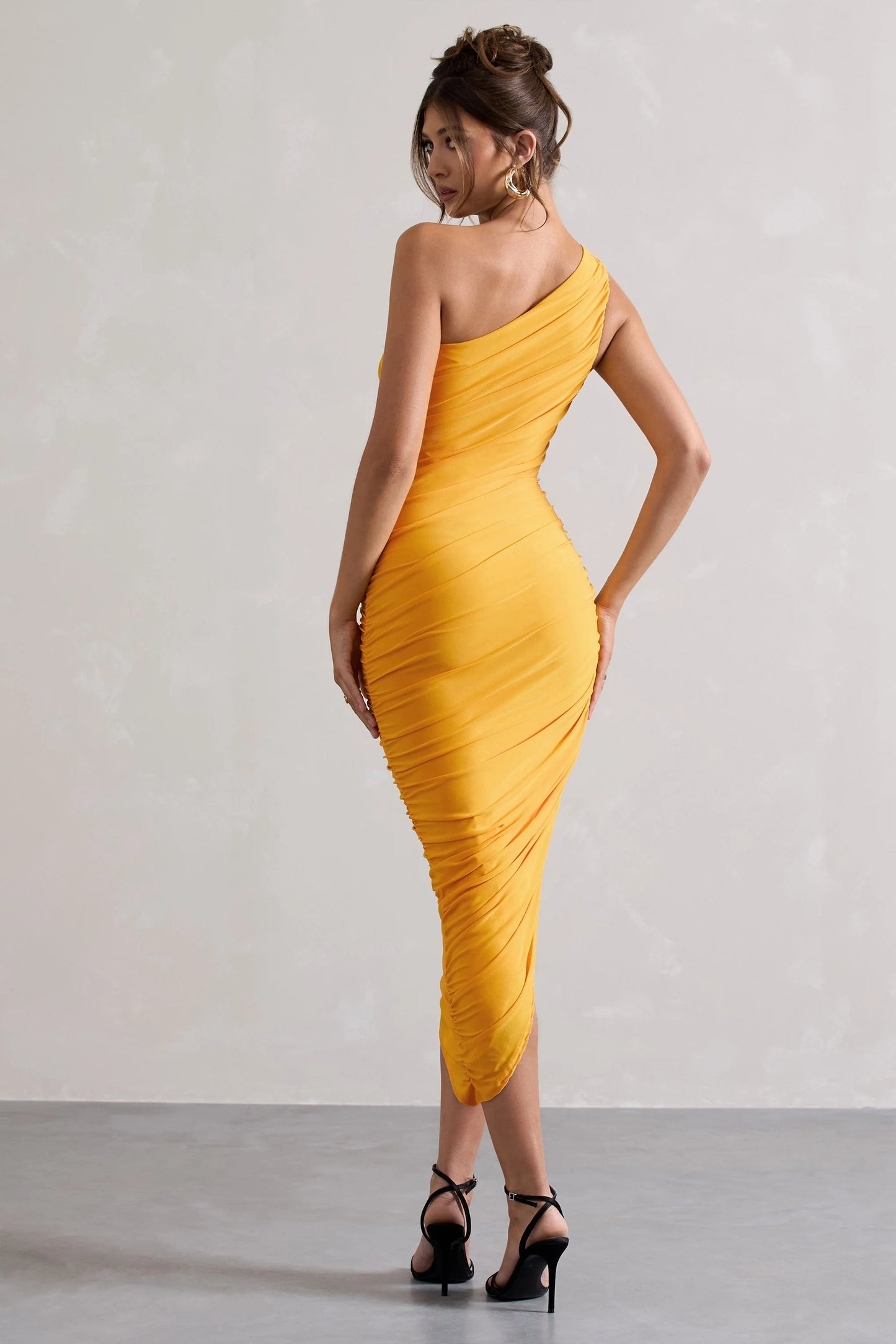 Dorit | Mango One Shoulder Asymmetric Ruched Midi Dress