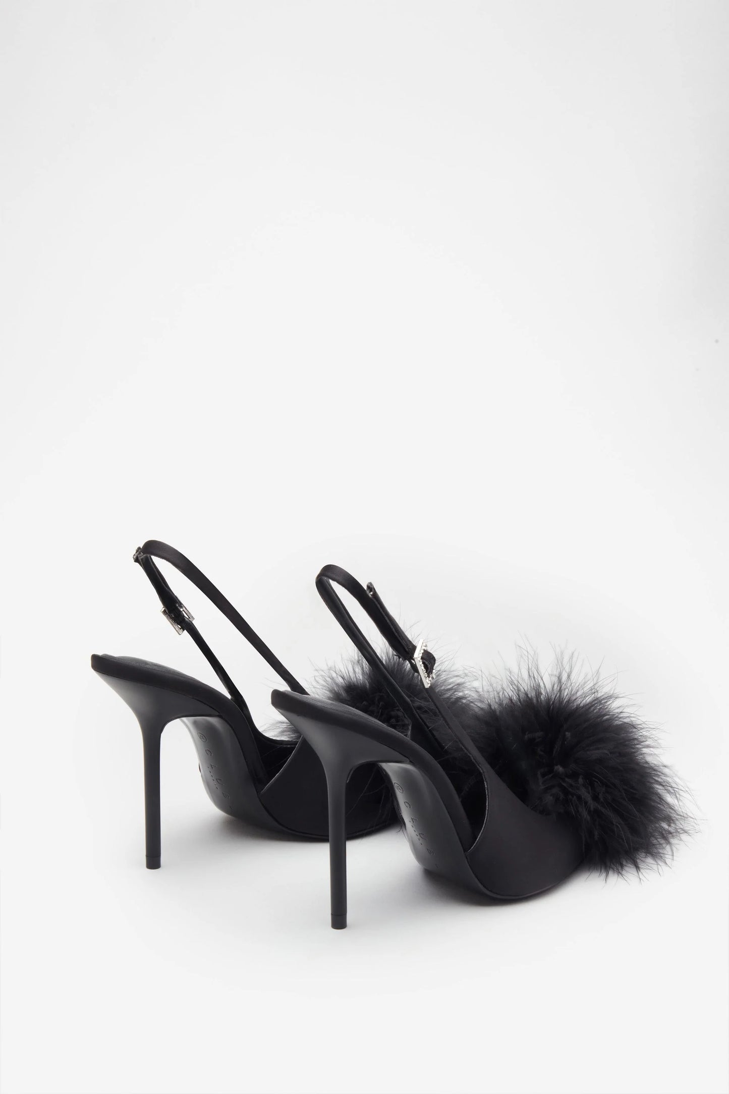 High Pitched | Black Satin Sling Back Heels With Pom Poms