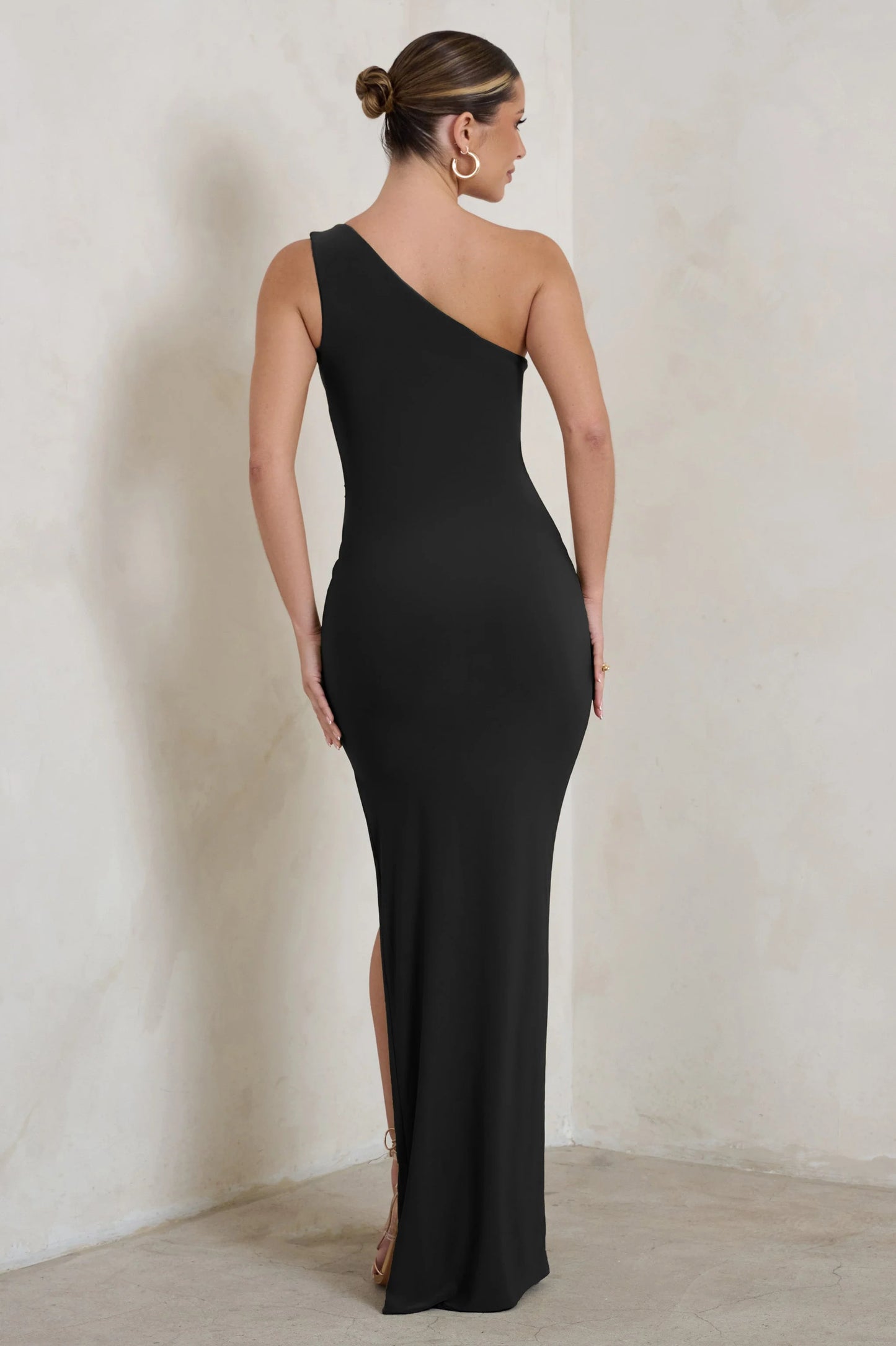 Kary | Black One Shoulder Thigh Split Maxi Dress