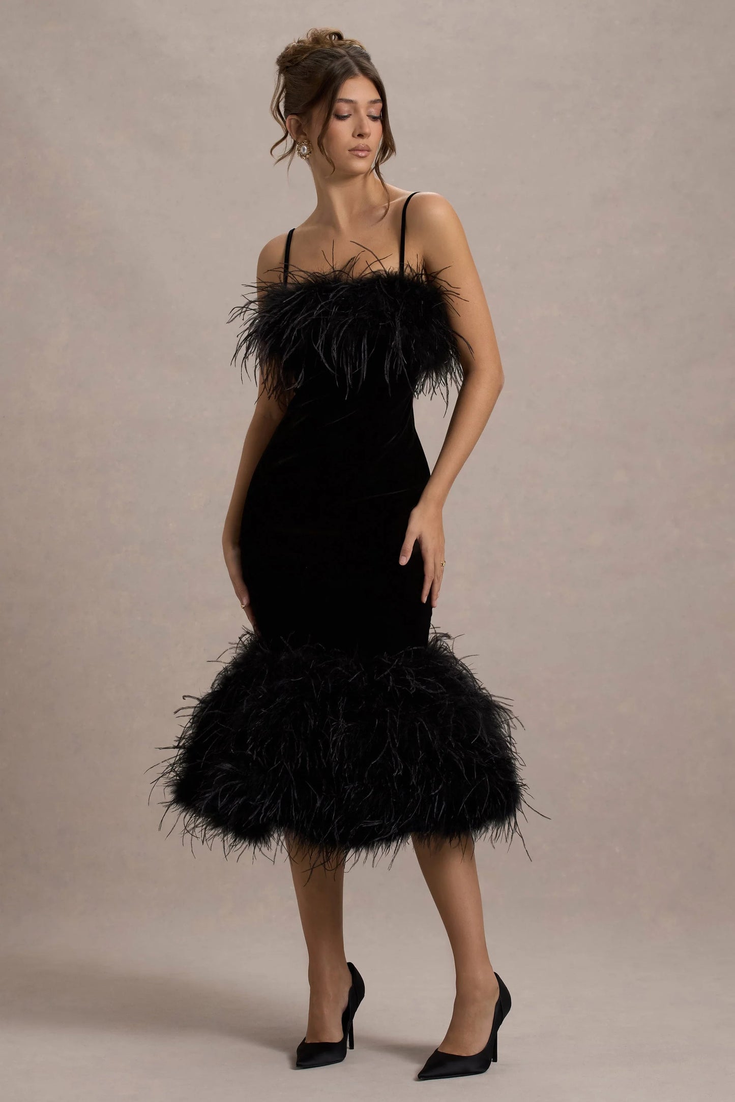 Kalena | Black Velvet Feather Trim Midi Dress