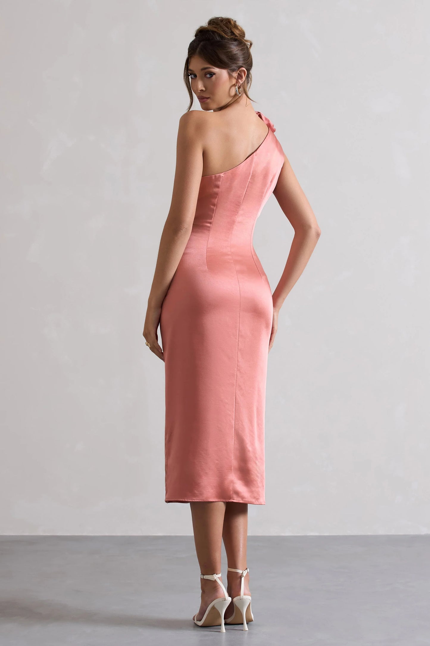 Ascot | Coral Satin One Shoulder Midi Dress With Corsage