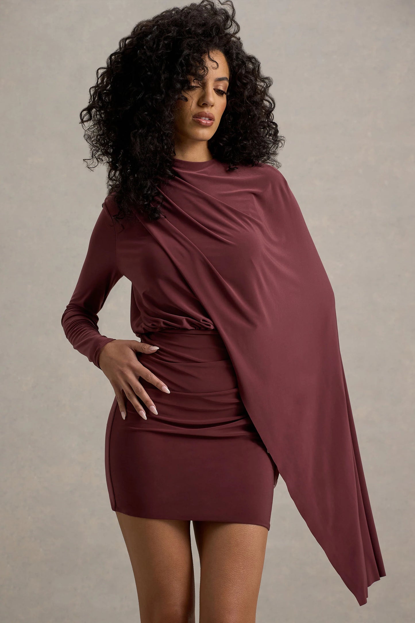 Celeste | Burgundy Long-Sleeve Mini Dress With Cape Sleeve