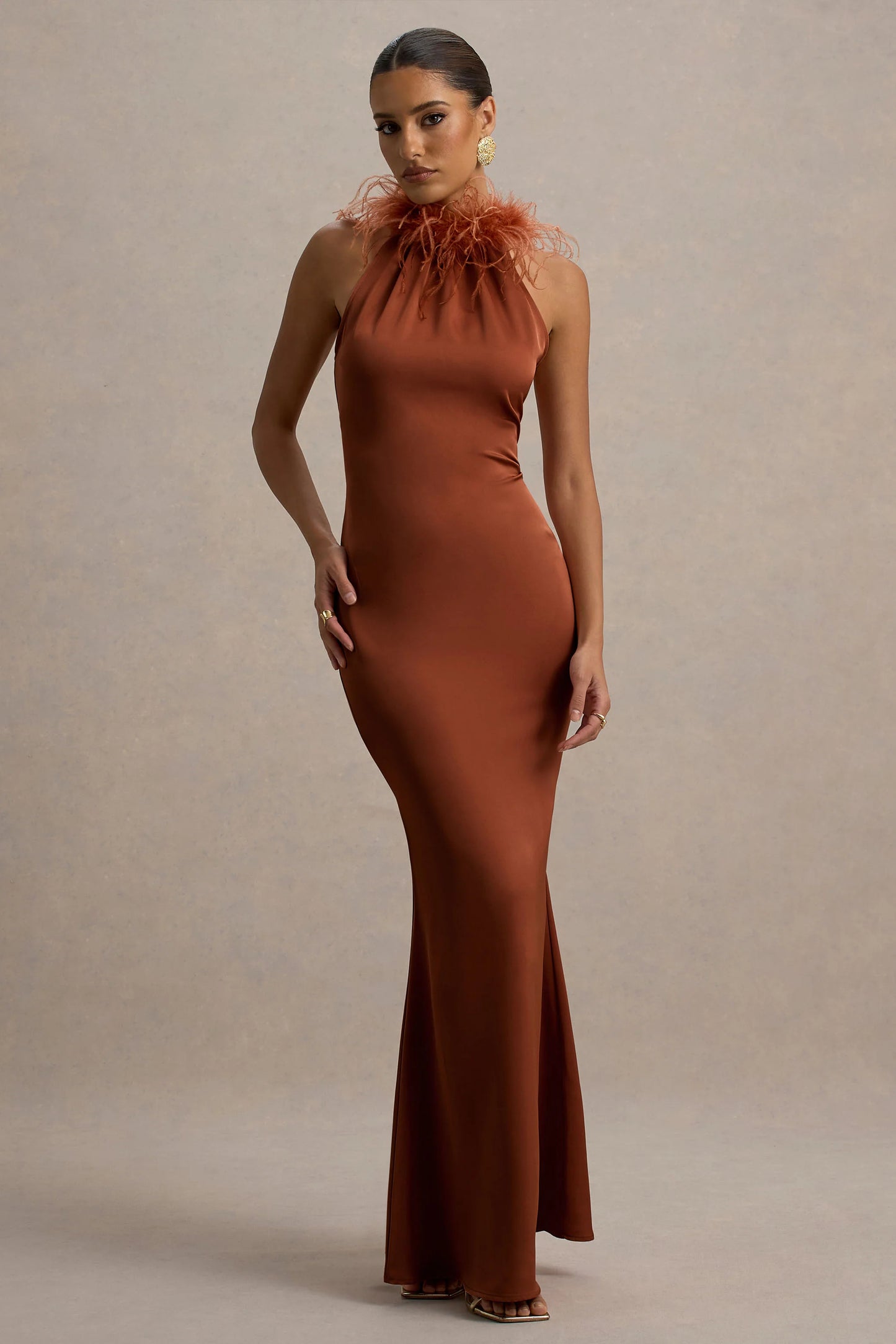 Bianca | Rust Satin Feather-Trim Maxi Dress