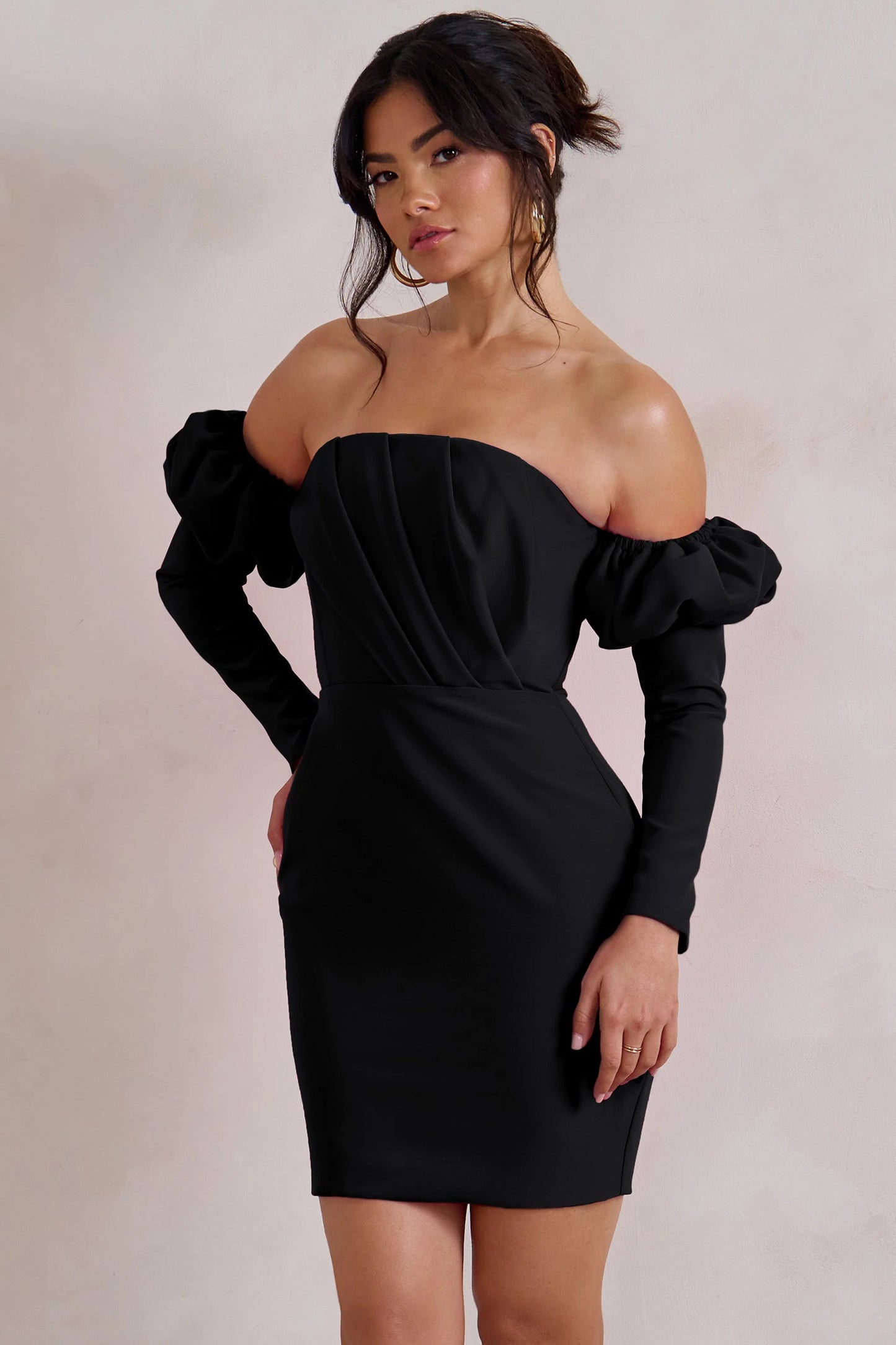 Laurie | Black Bardot Puff  Long Sleeve Mini Dress