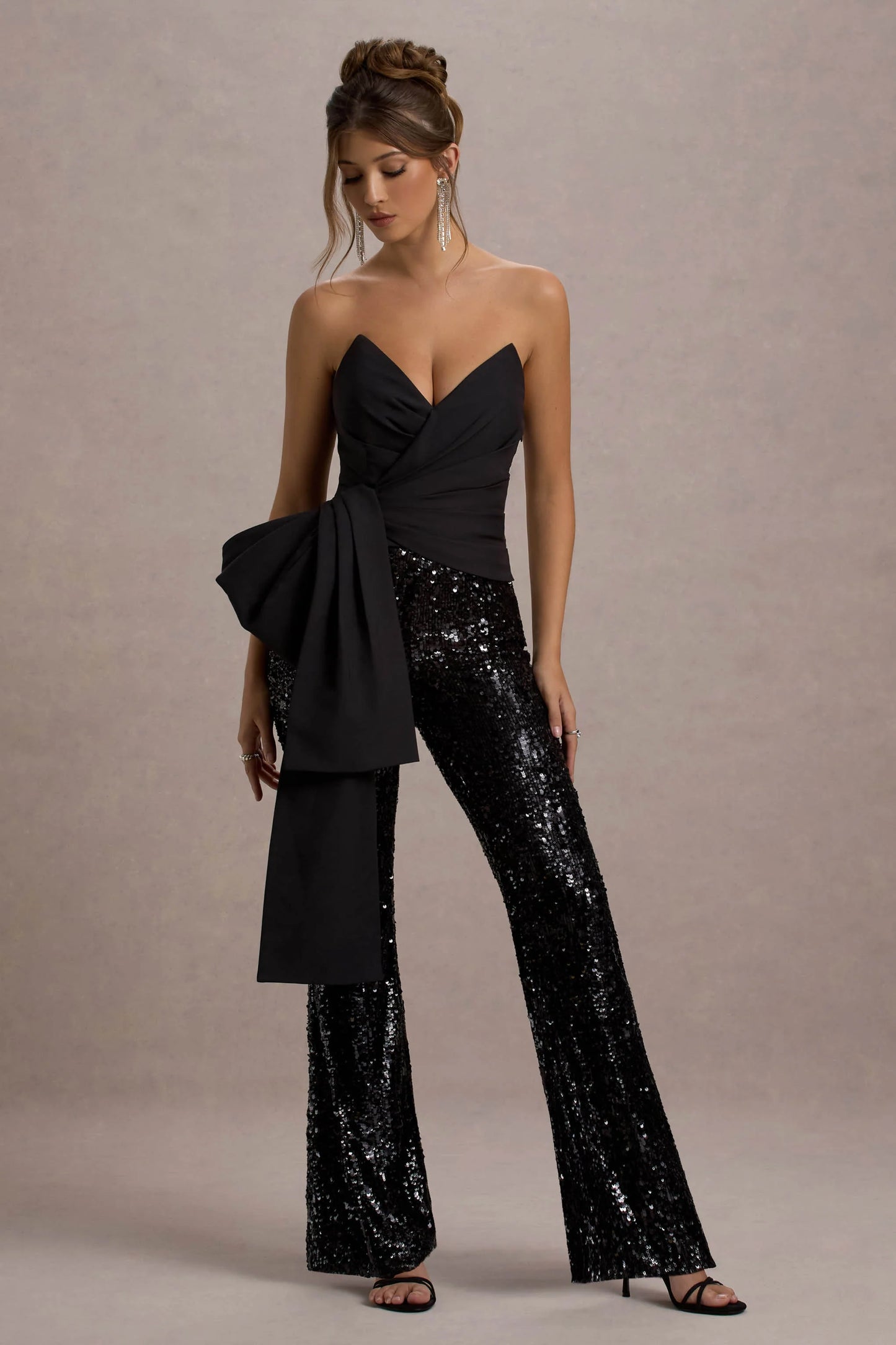 Bianco | Black Sequin Strapless Flared-Leg Jumpsuit With Drape