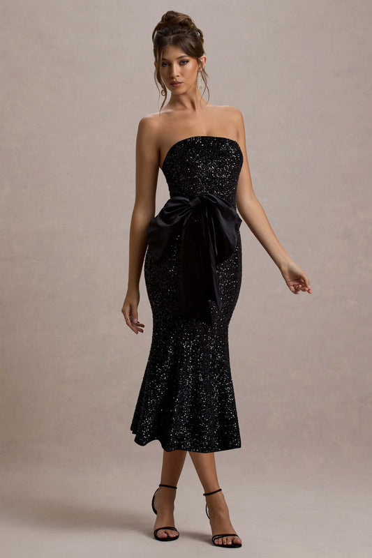 Adee | Black Sequin Velvet Halter-Neck Midi Dress With Bow