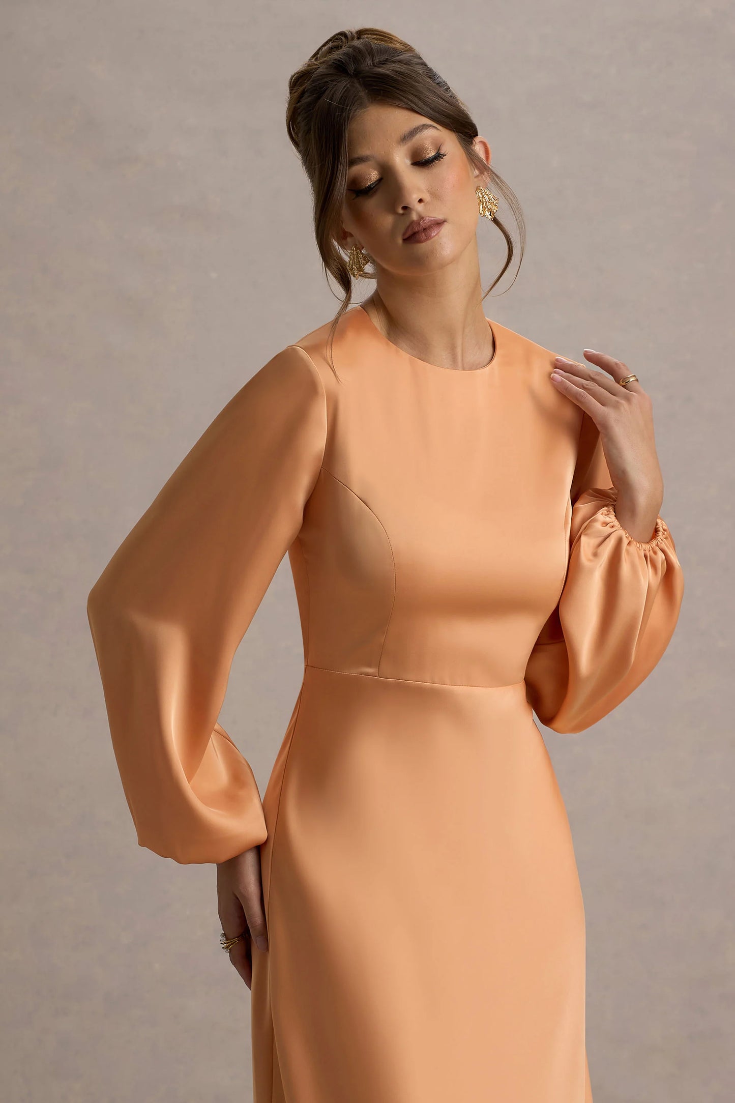 Crawley | Peach Satin Puff-Sleeve Maxi Dress