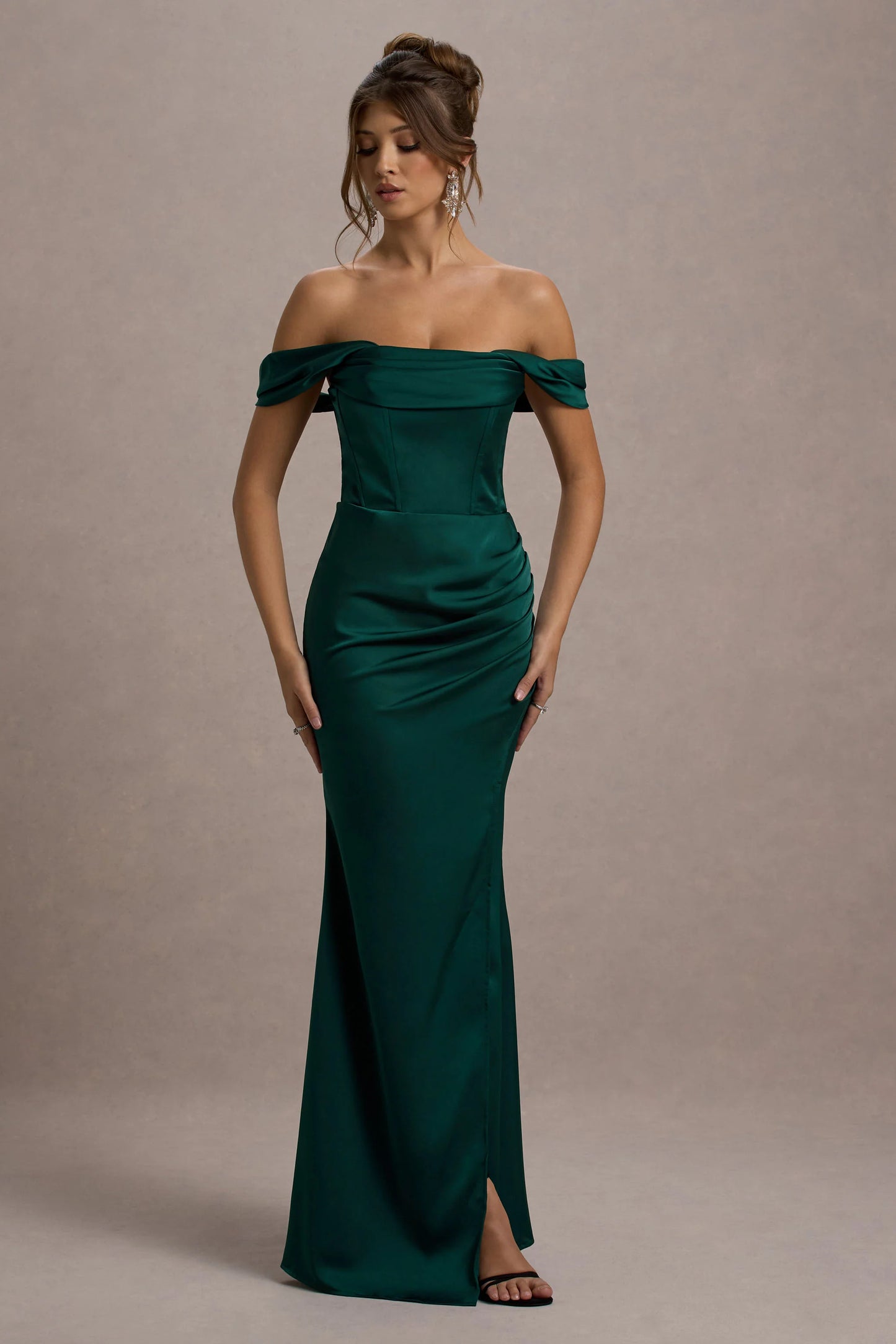 Kimberly | Bottle Green Bardot  Satin Maxi Dress