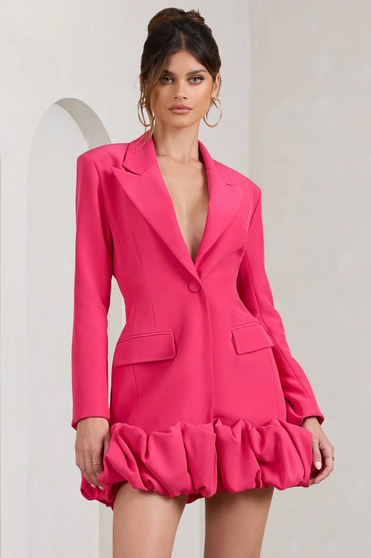 Cloud Catching | Hot Pink Tailored Blazer Mini Dress With Ruffled Hem