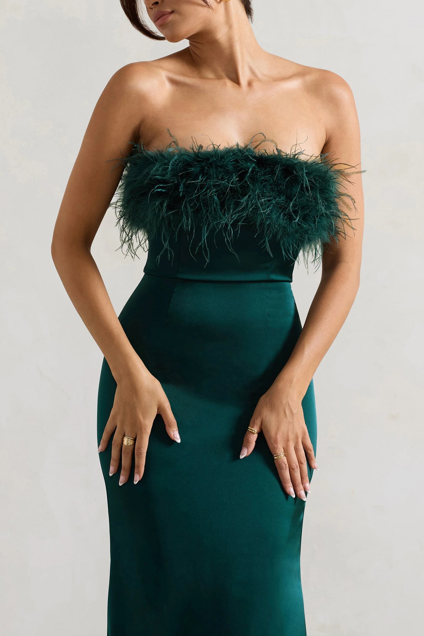 Dress For It | Bottle Green Satin Feather Trim Bandeau Maxi Dress